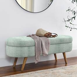 Ropilly - Oval Storage Bench Pleated Fabric Ottoman with Rubber Wood Legs - Cyan
