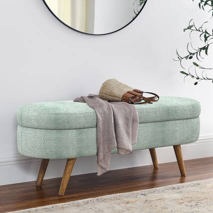 Front. Ropilly - Ropilly Cyan Oval Storage Bench Pleated Fabric Ottoman with Rubber Wood Legs - Cyan.