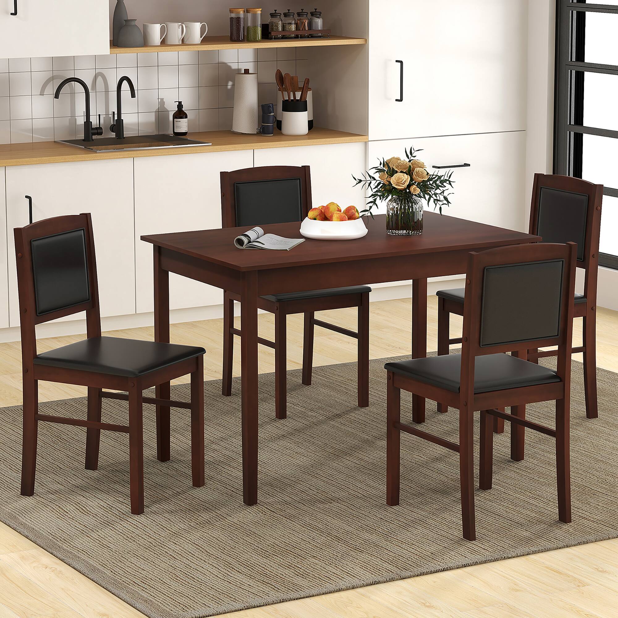 Alt View 1. Gymax - Gymax 5 PCS Dining Table Set for 4 w/Rubber Wood Legs Upholstered Seat Padded Backrest Brown - Brown.