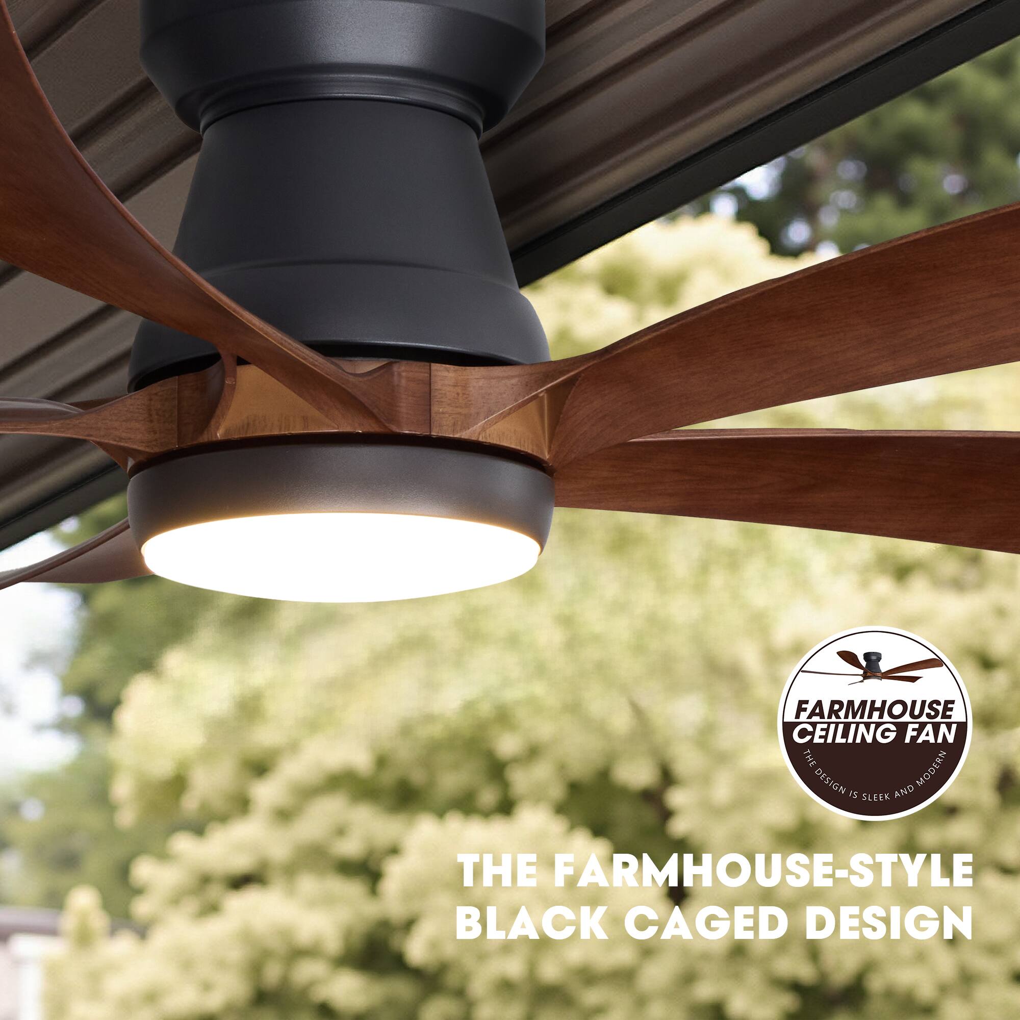FARMHOUSE CEILING FAN  
THE MODERN DESIGN IS SLEEK AND THE FARMHOUSE-STYLE BLACK CAGED DESIGN