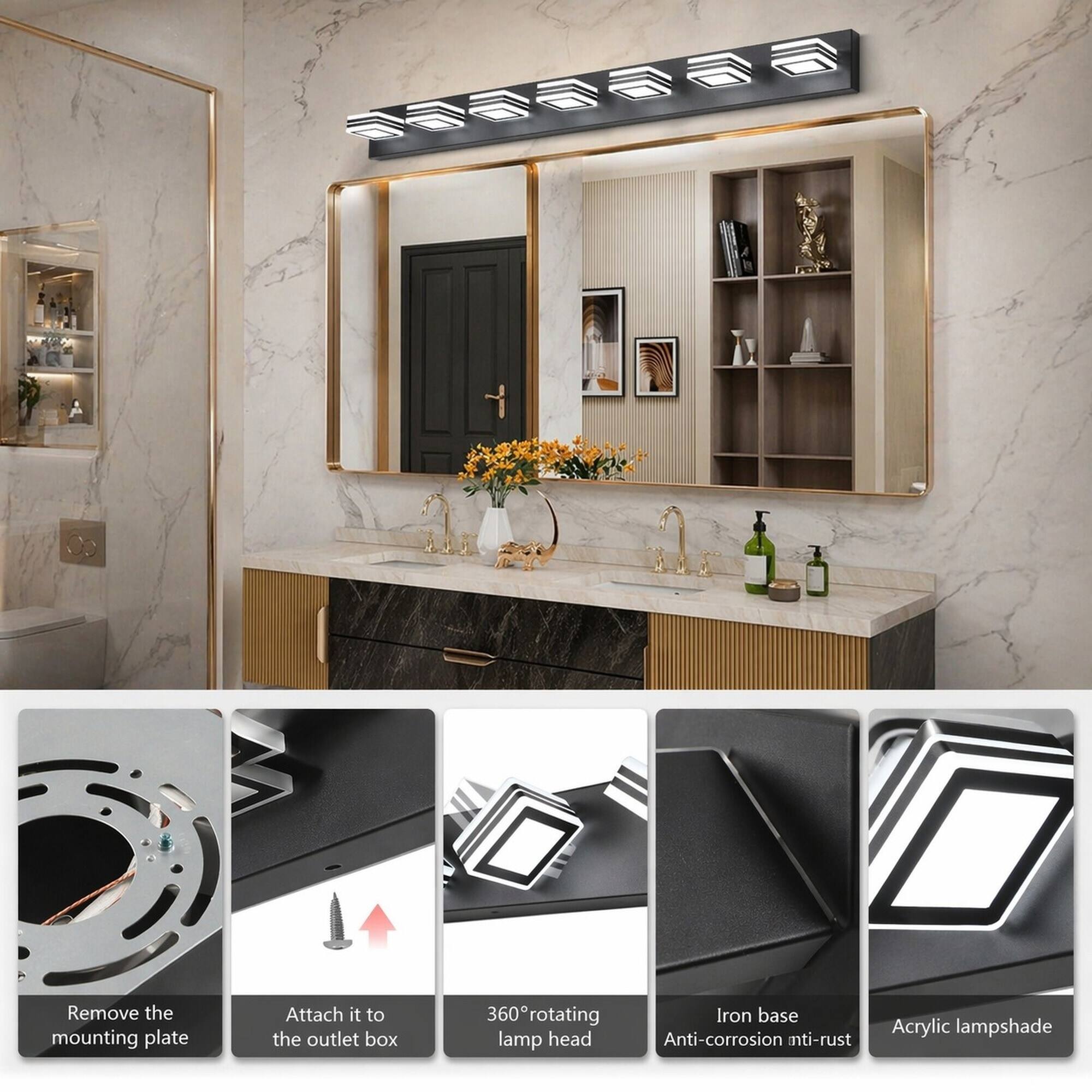 Remove the mounting plate  
Attach it to the outlet box  
360° rotating lamp head  
Iron base Anti-corrosion anti-rust  
Acrylic lampshade