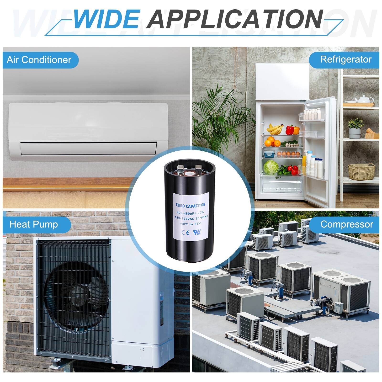 WIDE APPLICATION

Air Conditioner  
Refrigerator  
Heat Pump  
Compressor  

COSO CAPACITOR  
400-480pF  
420%  
50  
110-125VAC / 2C  
UR