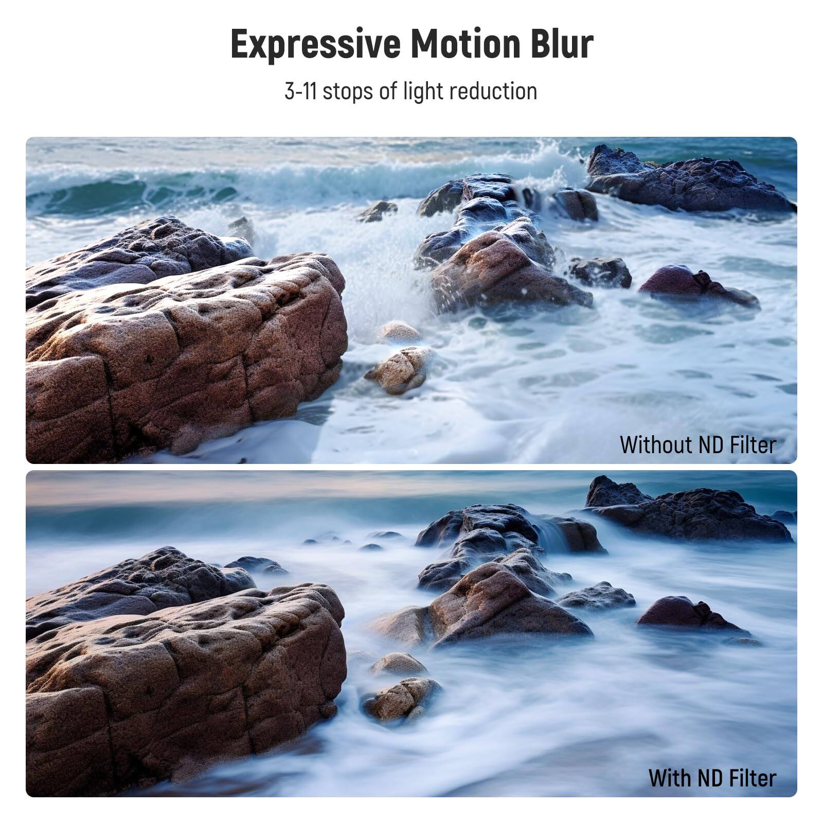 Expressive Motion Blur  
3-11 stops of light reduction  

Without ND Filter  
With ND Filter