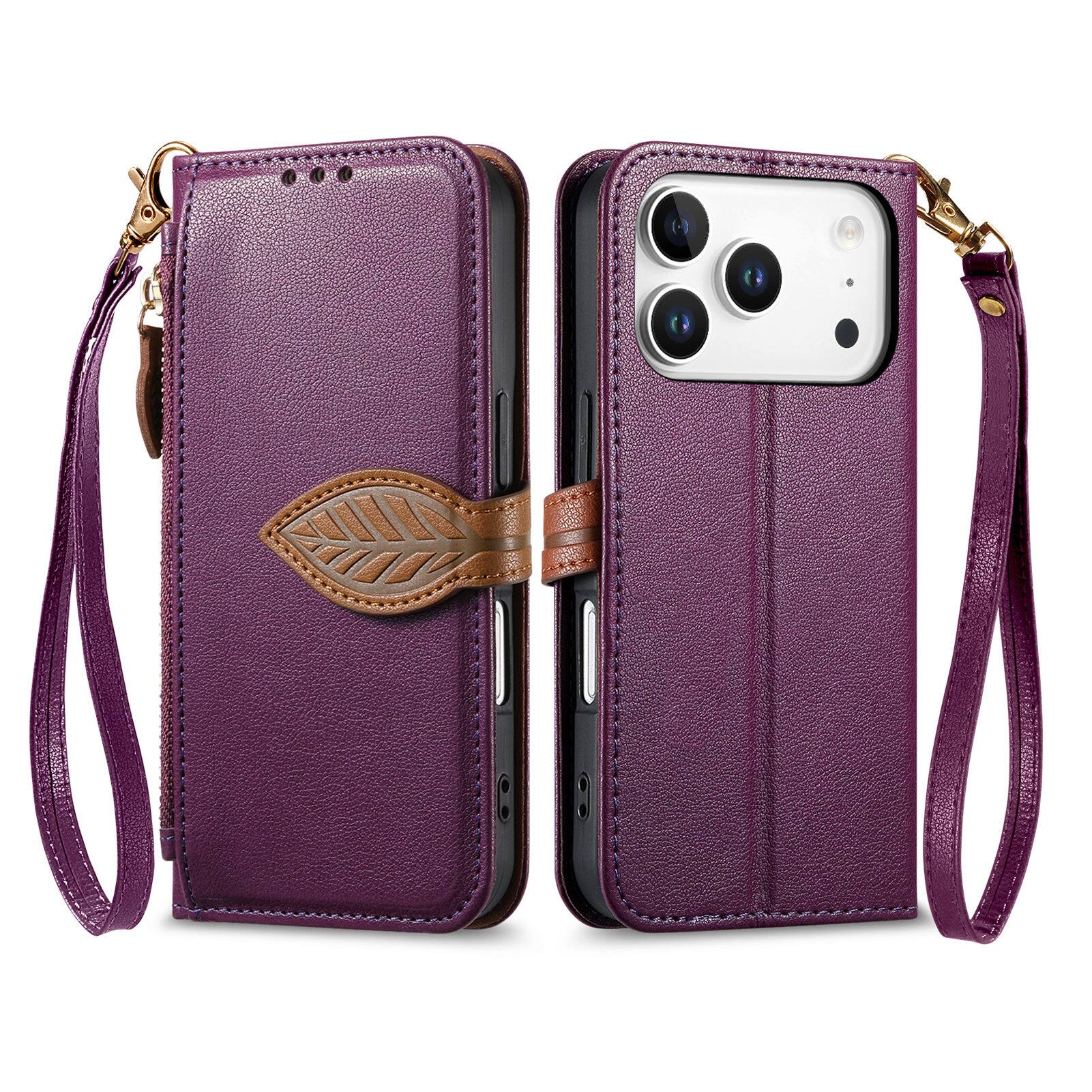 Angle. UUCOVER - Zipper Wallet Case for Apple iPhone 18 Pro Magnetic Leather+TPU Card Slots Stand Cover with Shoulder Strap/Wrist Strap - Purple.