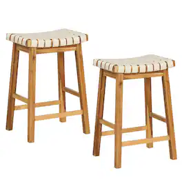 Costway - Woven Saddle Stools Set of 2 25.5" Faux PU Leather Counter Height Kitchen Stool - Beige