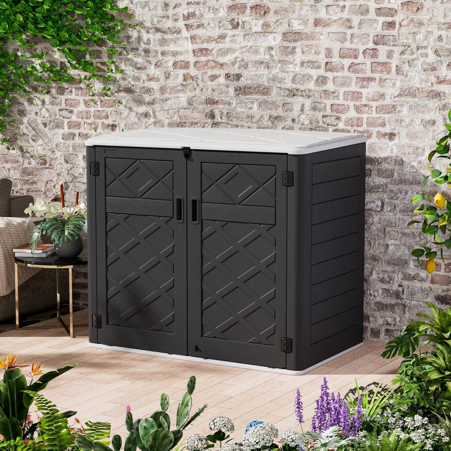 Angle. Yardgrace - Outdoor Storage Shed 358 Gal. 53.15 in. x 33.07 in. x 46.85 in. Resin Large Waterproof Deck Box Shed - Black No shelves.