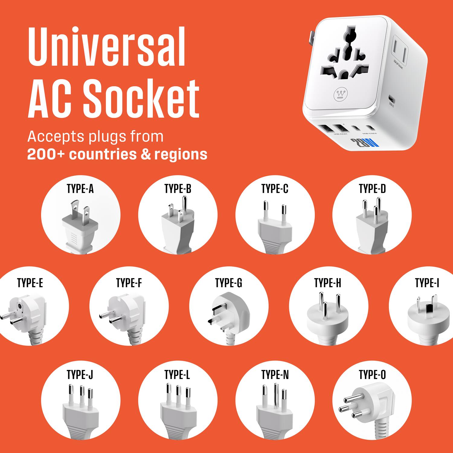 Universal AC Socket  
Accepts plugs from 200+ countries & regions  

TYPE-A  
TYPE-B  
TYPE-C  
TYPE-D  
TYPE-E  
TYPE-F  
TYPE-G  
TYPE-H  
TYPE-I  
TYPE-J  
TYPE-L  
TYPE-N  
TYPE-O