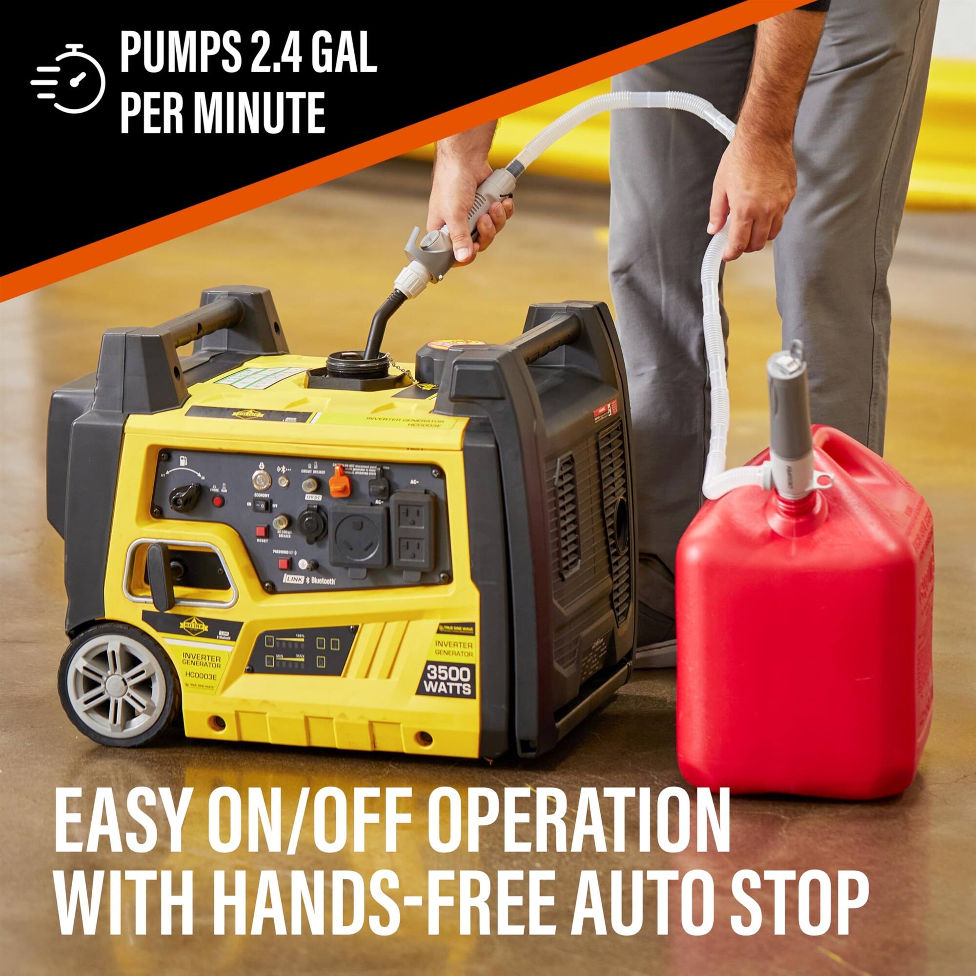 PUMPS 2.4 GAL PER MINUTE | EASY ON/OFF OPERATION WITH HANDS-FREE AUTO STOP | INVERTER GENERATOR 3500 WATTS