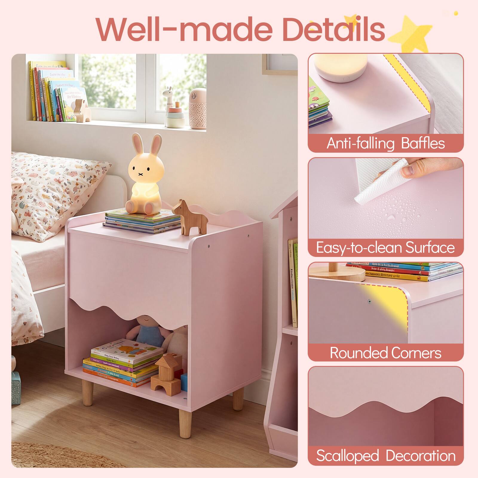 Well-made Details

- Anti-falling Baffles
- Easy-to-clean Surface
- Rounded Corners
- Scalloped Decoration