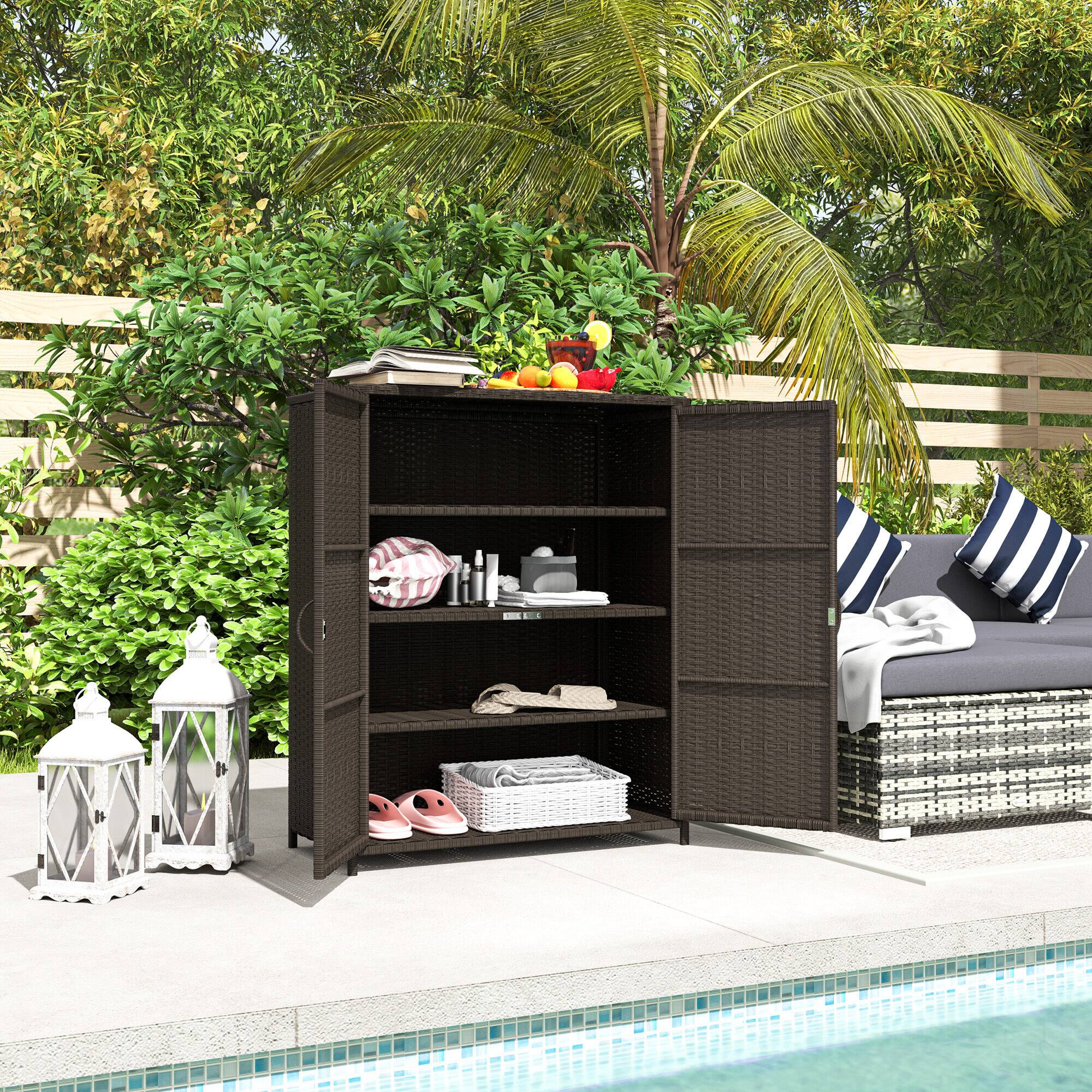 Alt View 1. Outsunny - Wicker Outdoor Storage Cabinet with 4 Shelves and 2 Doors for Garden Pool Towel Storage - Dark Coffee.