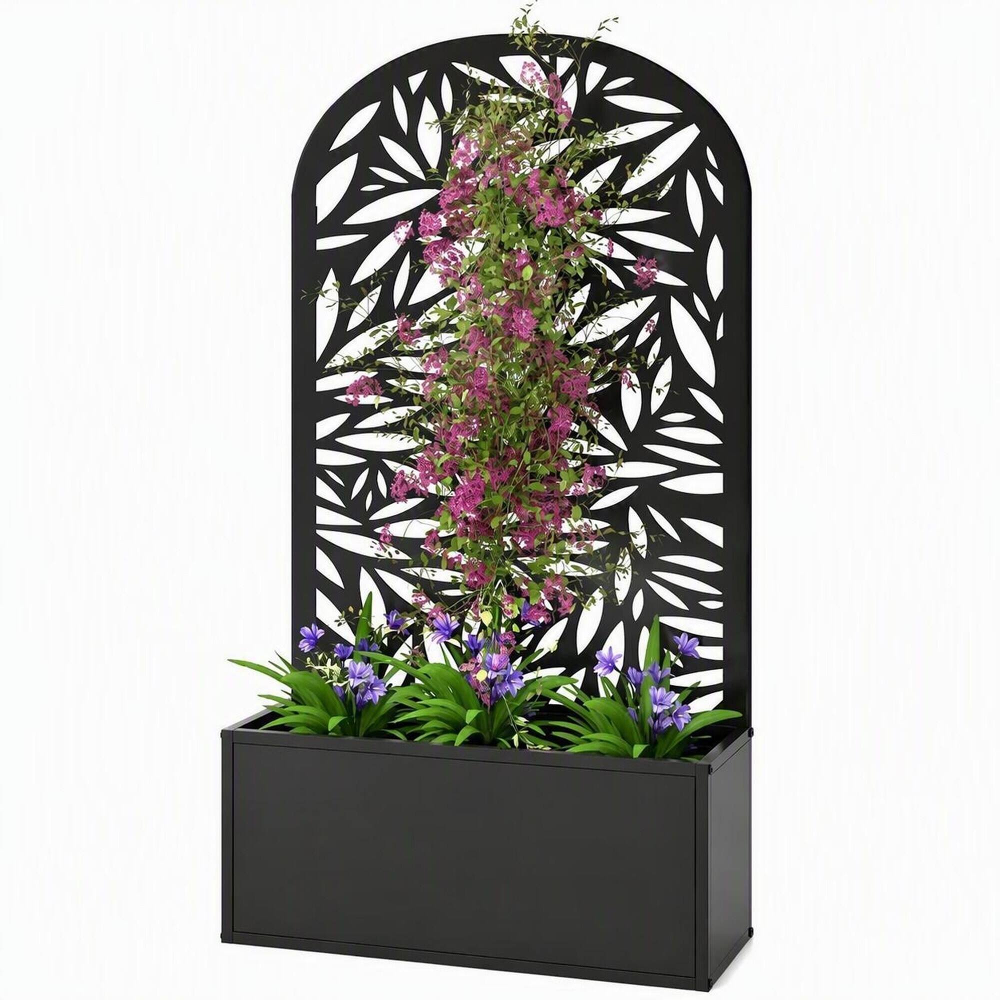 Front. RYHNUYNE - Metal Raised Garden Bed with Curved Leaf Trellis Privacy Panel, 24x9.1x44.5 Inch Black Planter Box for Wall Mount - Black.