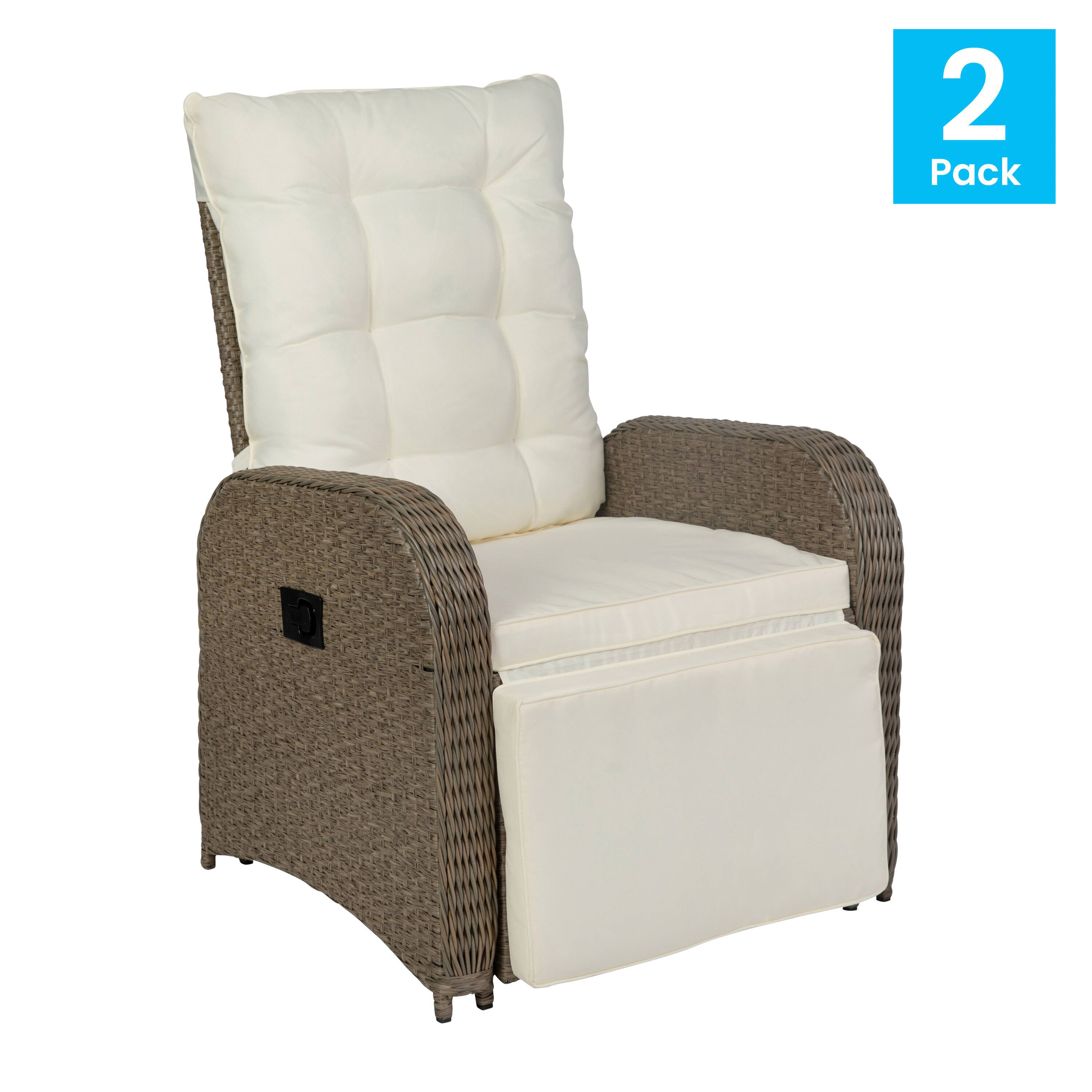 Alt View 1. Emma + Oliver - Aritzo Set of 2 Wicker Rattan Patio Recliner Lounge Chairs with Side Flip-Up Tables for Indoor/Outdoor Use - Beige Cushions/Brown Frame.