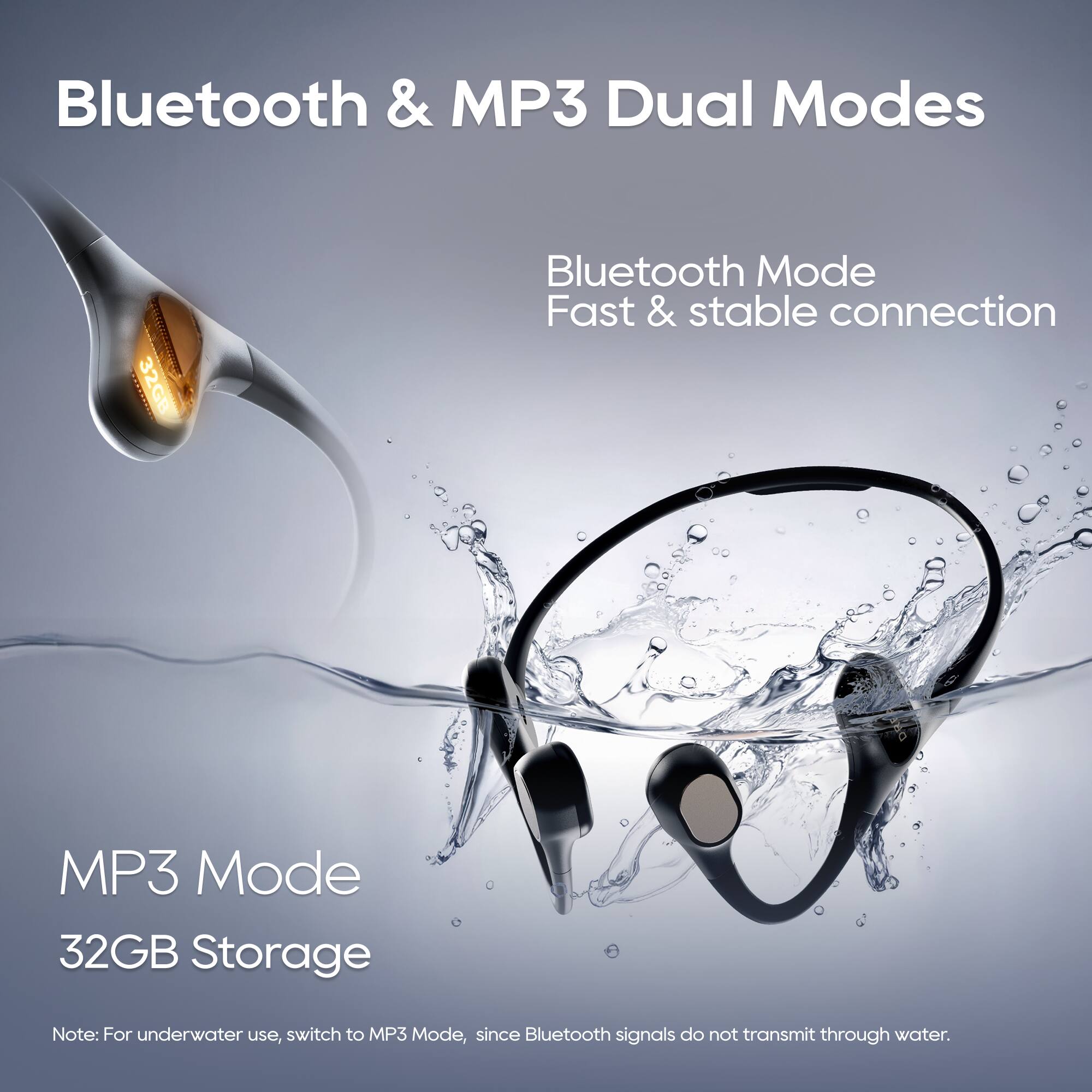 Bluetooth & MP3 Dual Modes

Bluetooth Mode
Fast & stable connection

MP3 Mode
32GB Storage

Note: For underwater use, switch to MP3 Mode, since Bluetooth signals do not transmit through water.