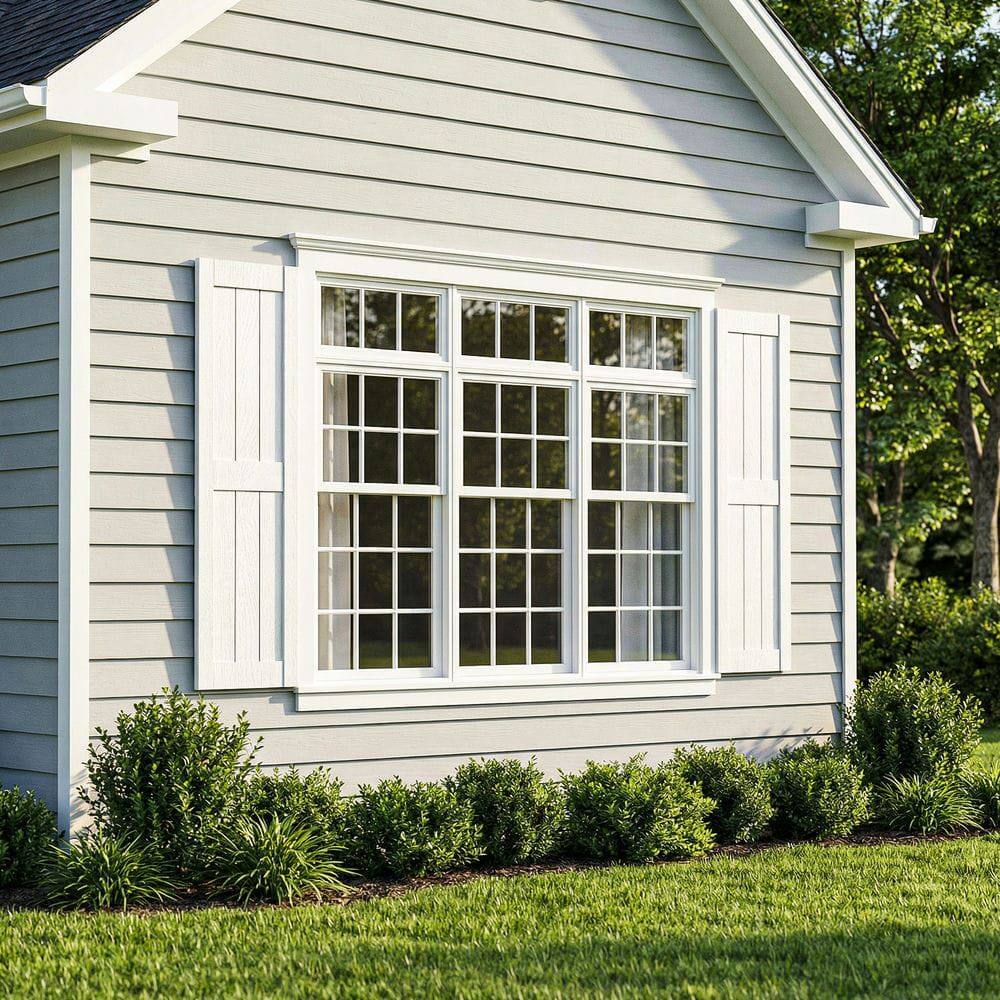 Left. Kadyn - Vertical Grain Faux Shutters, Weather-Resistant Elegance, for Enhanced Curb Appeal, 14"x43", White - White.