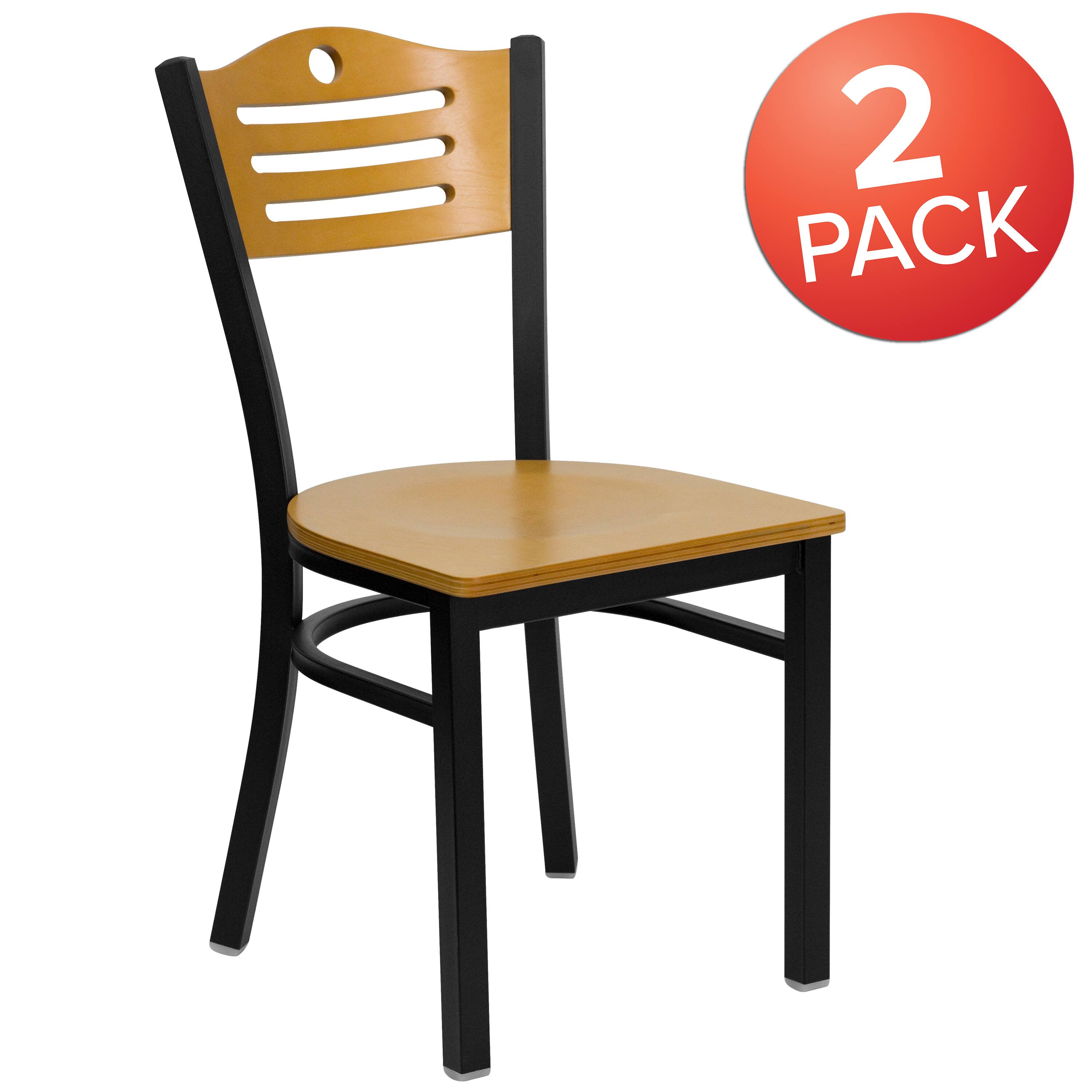 Alt View 1. Emma + Oliver - 2 Pack Slat Back Metal Restaurant Chair - Natural Wood Back/Natural Wood Seat/Black Metal.