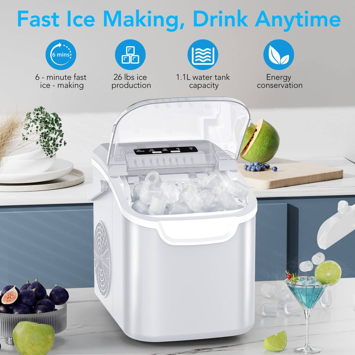 Electactic Portable Countertop 12/Q Bullet Ice Maker 26lbs/24h with 8 ...
