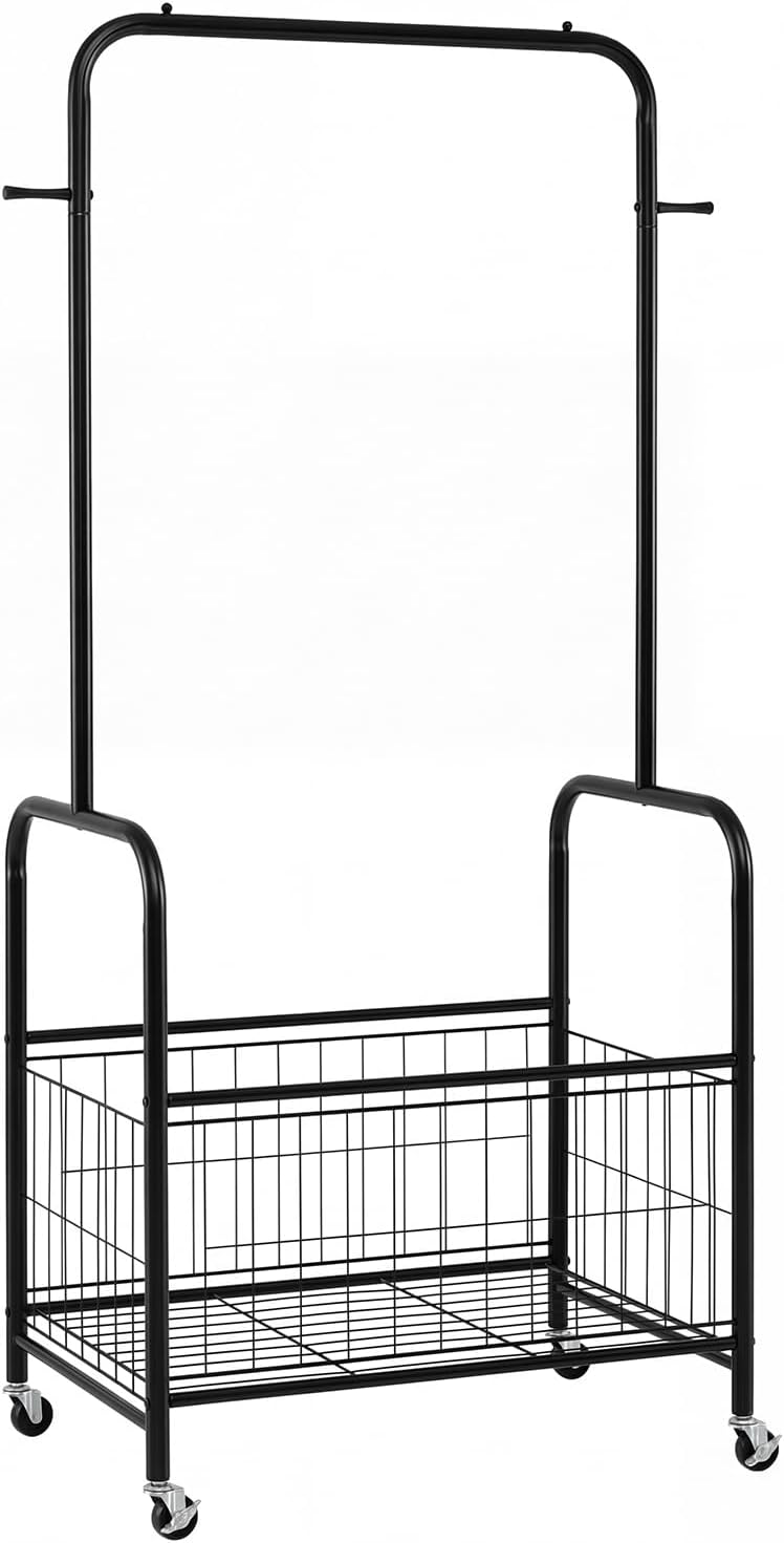 Gymax - Rolling Clothes Rack w/Hanging Rod Side Hooks Storage Basket Lockable Wheels - Black price history on PriceWatchPro