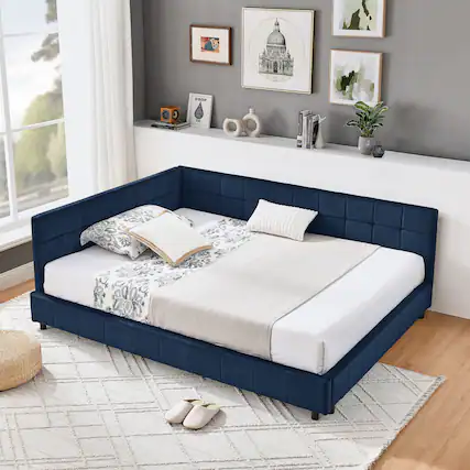 Front. Anysun - Full Velvet Tufted Sofa Bed Frame - with Comfortable Backrest & Armrests for Bedroom or Living Room - Blue.
