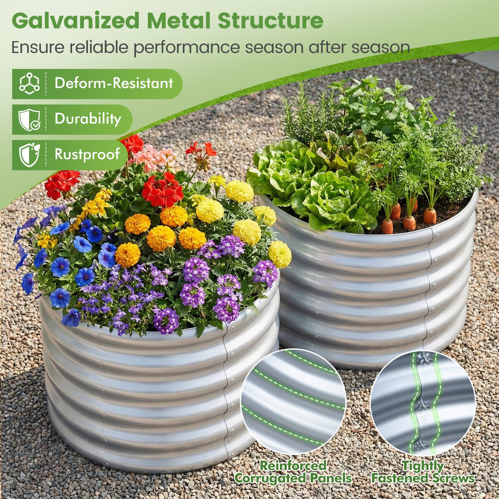 Galvanized Metal Structure  
Ensure reliable performance season after season  

- Deform-Resistant  
- Durability  
- Rustproof  

Reinforced Corrugated Panels  
Tightly Fastened Screws