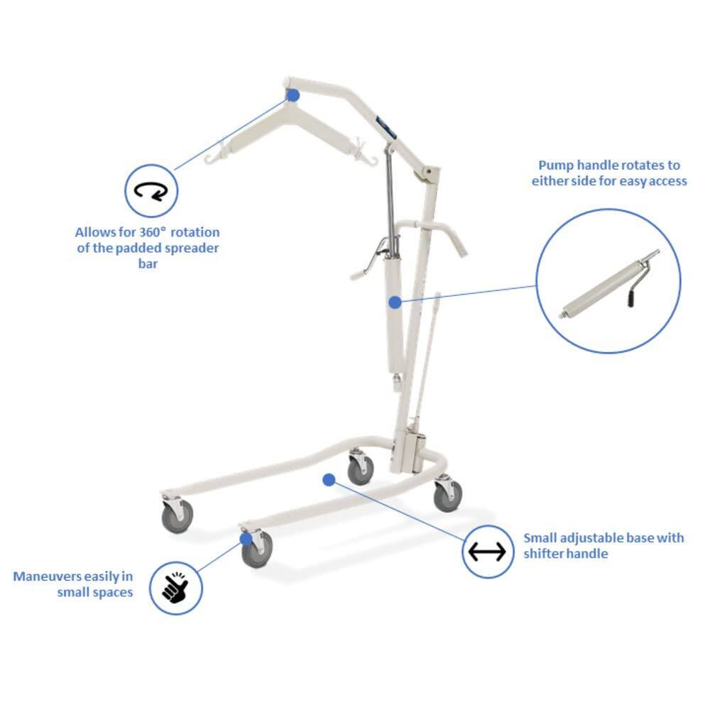 - Pump handle rotates to either side for easy access
- Allows for 360° rotation of the padded spreader bar
- Maneuvers easily in small spaces
- Small adjustable base with shifter handle
