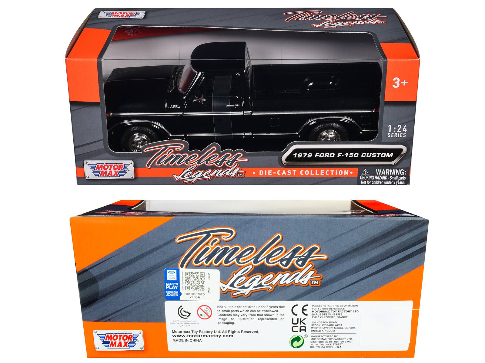 HOT HIAX  
Tiefer lio Logets Hd 3+ d 1:24 SERIES  
Timeless Legends INE DIE-CAST COLLECTION  
WARNING: CHOKING HAZARD Small parts. Not for children under 3 years  
PLAY SELAIE n JOUER T  
1810818360 Legends TM 34A  
Not suitable for children under 3 years due to small parts which can be swallowed  
CONTENTS may vary from that shown. The image or illustration represented on packaging.  
UK - eTin 0An STDCALET PARE WESE -AT CTIO MOUR UEL - Motormax Toy Factory L5G  
All Rights Reserved CA UCO KIGCOM MOTOR www.motormaxtoy.com  
MANUFACTURED dF OC FO- FACTORY LO MADE IN CHINA - DISTROUTES  
hurs MAX - l. - TO MUTO da Ma SIMAT USA