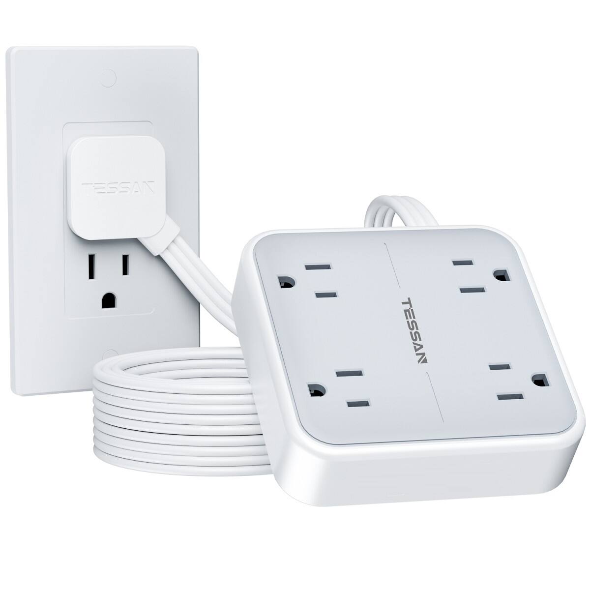 TESSAN - 5 Ft Extension Cord Flat Plug, Surge Protector Power Strip with 4 Outlets,4 rubber Mat,Grey - Gray