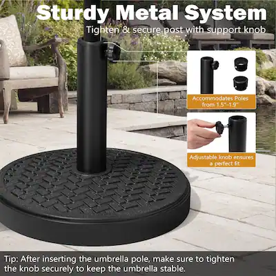 30 lb patio umbrella base Add-On Weight This umbrella base measures 18 inch in diameter and is 11.42 inch tall with stem installed Patio Living Concepts White 30LB