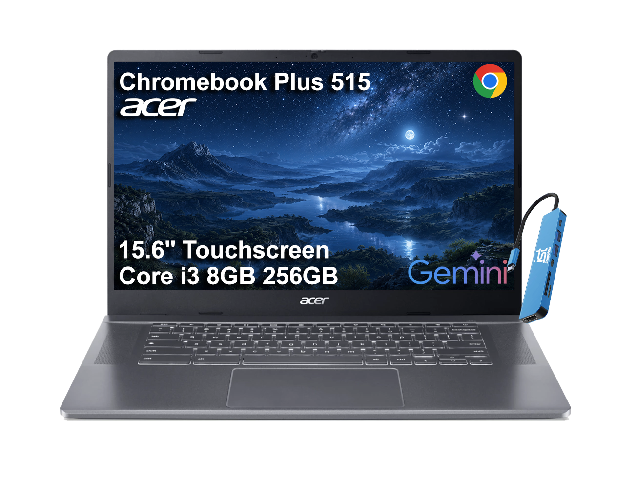 Acer - Chromebook Plus 515 15.6" FHD Touchscreen Laptop with Google AI - Intel Core i3-1305U - 8GB RAM - 256GB SSD - Chrome OS - Steel Gray