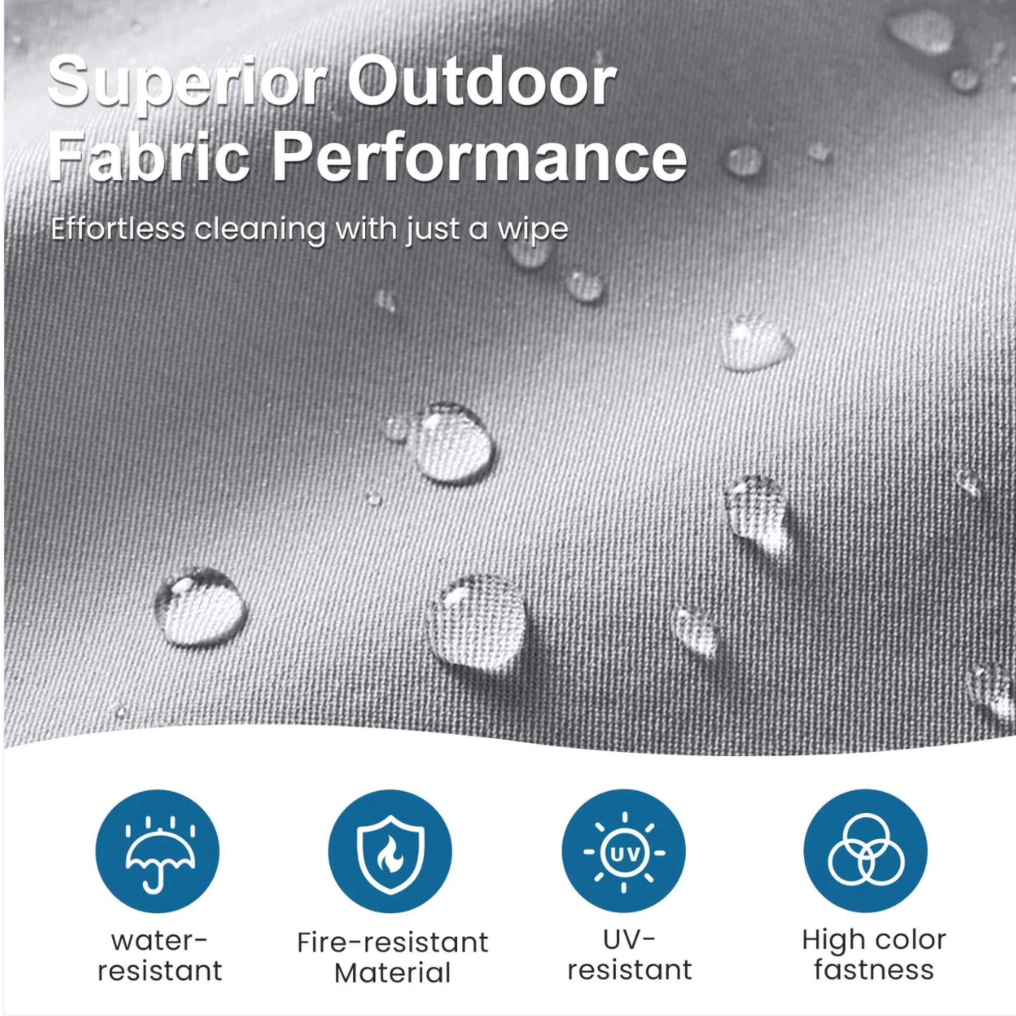 Superior Outdoor Fabric Performance  
Effortless cleaning with just a wipe  

- Water-resistant  
- Fire-resistant Material  
- UV-resistant  
- High color fastness