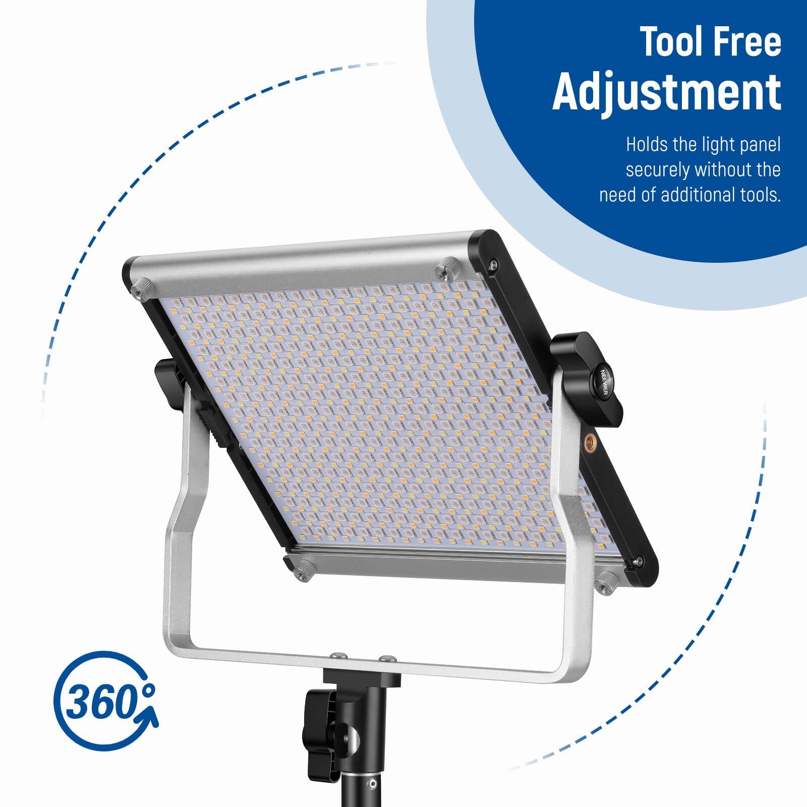 Tool Free Adjustment  
Holds the light panel securely without the need of additional tools.  
TOSEN 360°