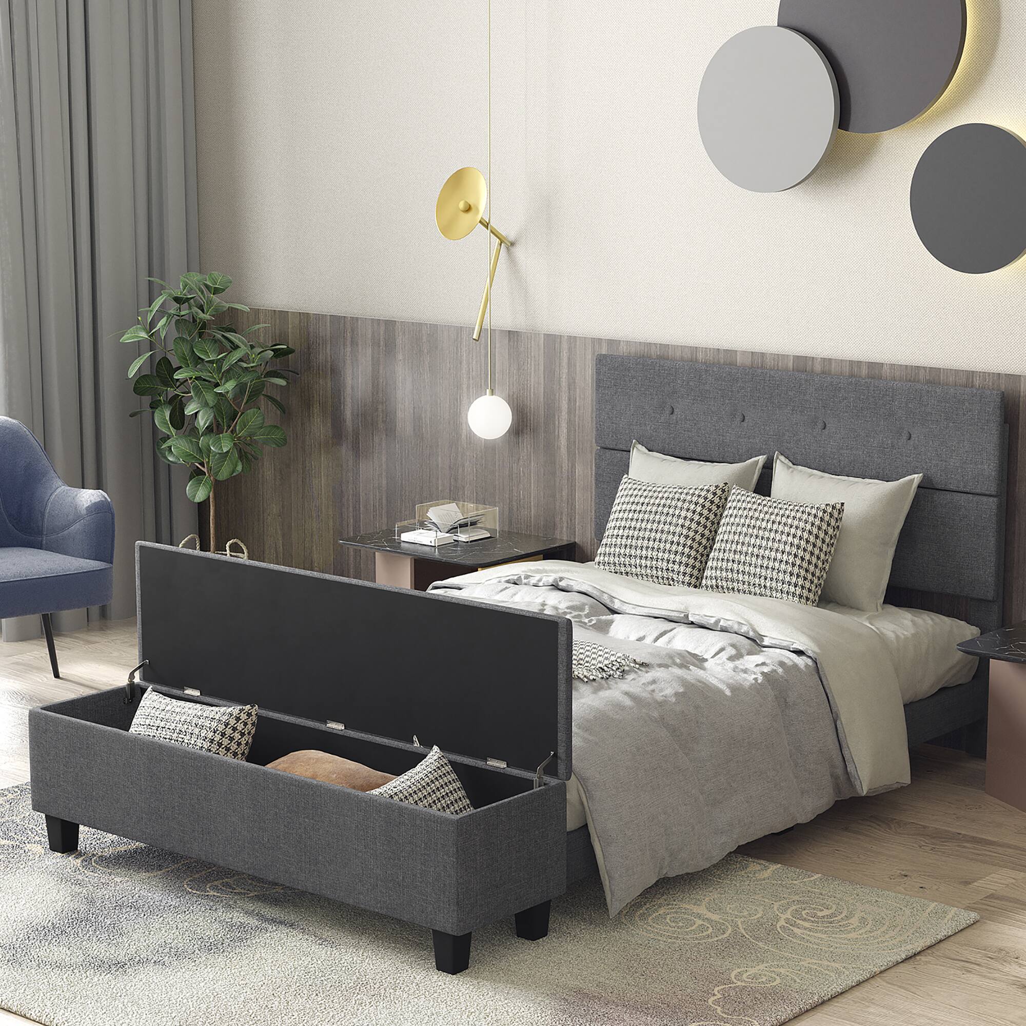 Alt View 5. Costway - Costway Full Upholstered Bed Frame with Ottoman Storage Linen Button Tufted Headboard - Gray.