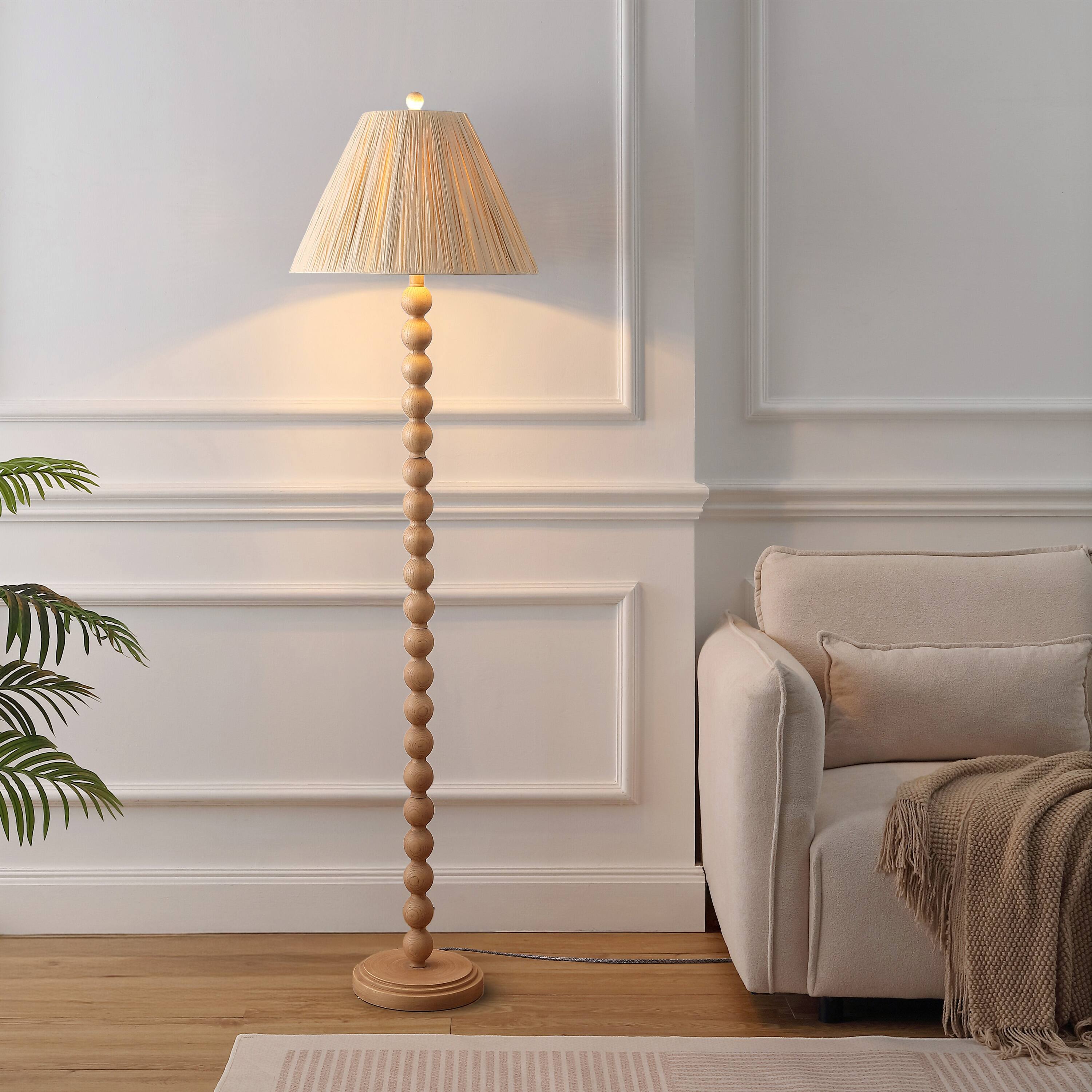 Alt View 1. Jonathan Y - Wren 61.5" Modern Rustic Bobbin Pleated Paper Shade/Resin LED Floor Lamp, Brown Wood Finish/Light Brown - Brown Wood Finish.