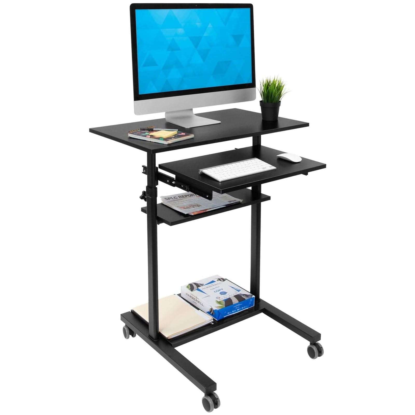 Left. Mount-It! - Mobile Standing Desk with Retractable Keyboard Tray, Height Adjustable Rolling Workstation - Black.