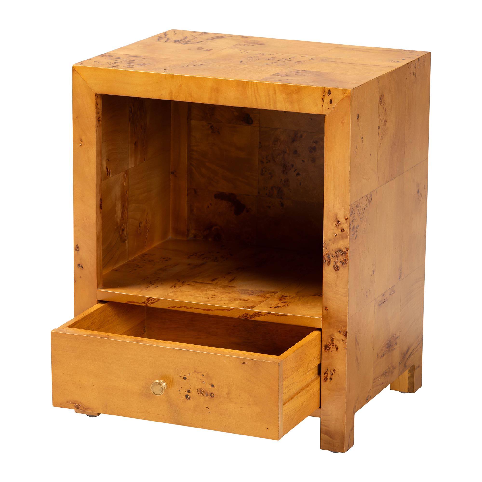 Angle. bali & pari - Camira Modern and Contemporary Natural Mappa Burl Wood 1-Drawer Nightstand - Light Mappa Burl.