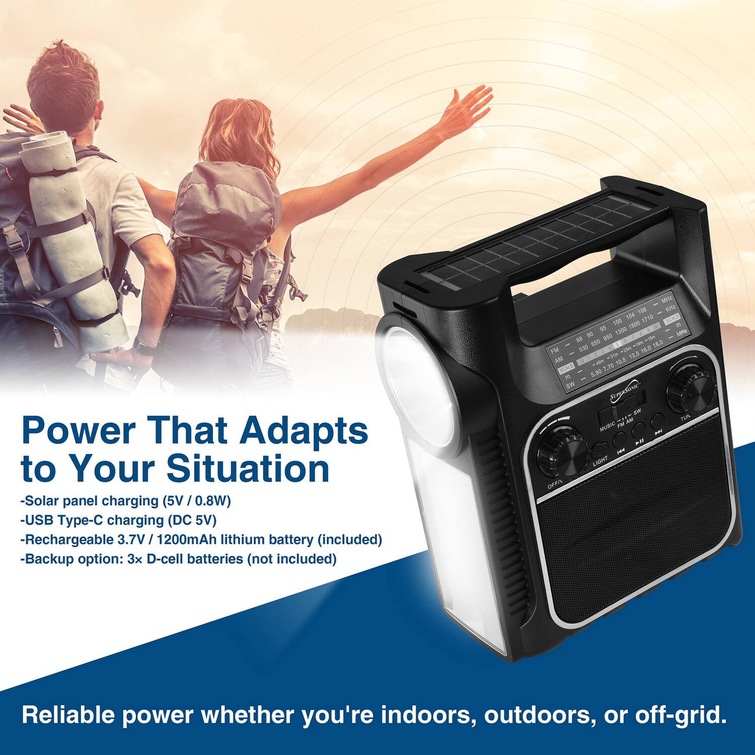 Power That Adapts to Your Situation  
- Solar panel charging (5V / 0.8W)  
- USB Type-C charging (DC 5V)  
- Rechargeable 3.7V / 1200mAh lithium battery (included)  
- Backup option: 3x D-cell batteries (not included)  

Reliable power whether you're indoors, outdoors, or off-grid.