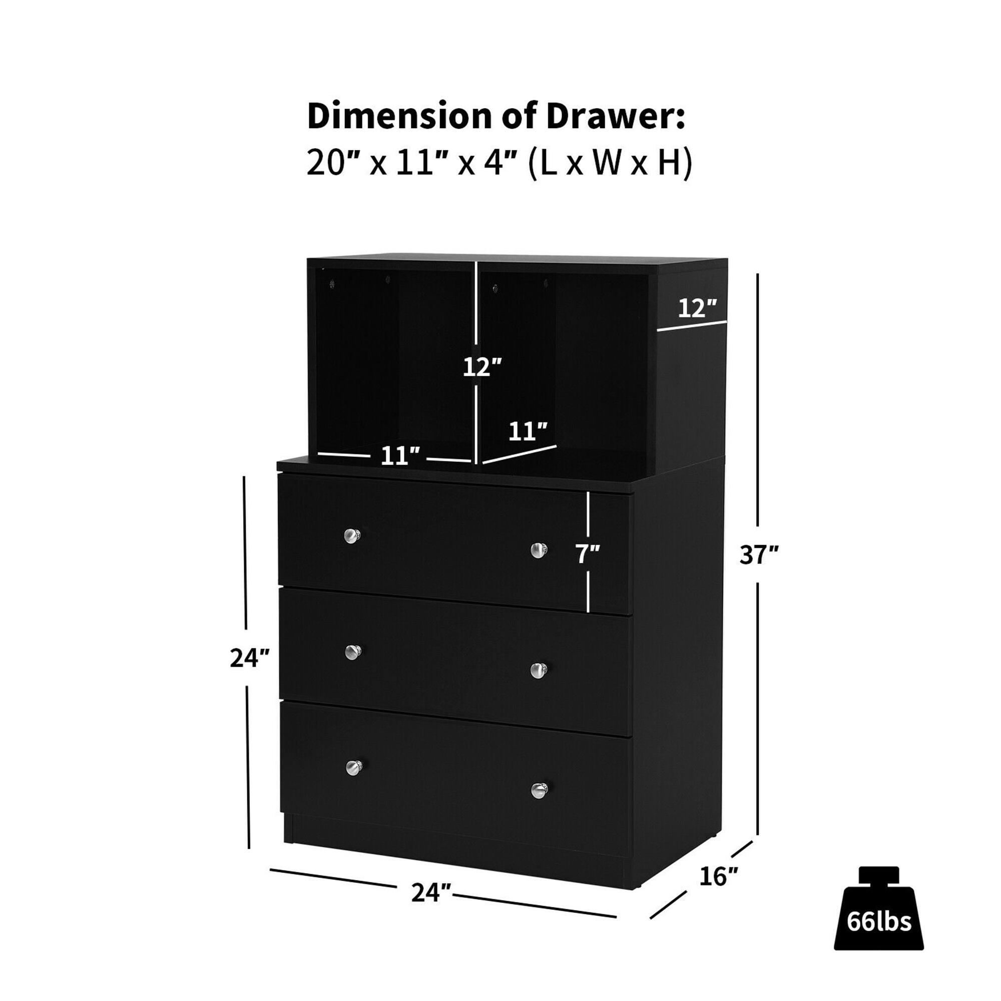 Dimension of Drawer: 20" x 11" x 4" (L x W x H)

Dimensions:
- Width: 24"
- Depth: 16"
- Height: 37"
- Drawer Height: 7"
- Cabinet Height: 12"
- Cabinet Depth: 11"
- Cabinet Width: 12"

Weight: 66 lbs