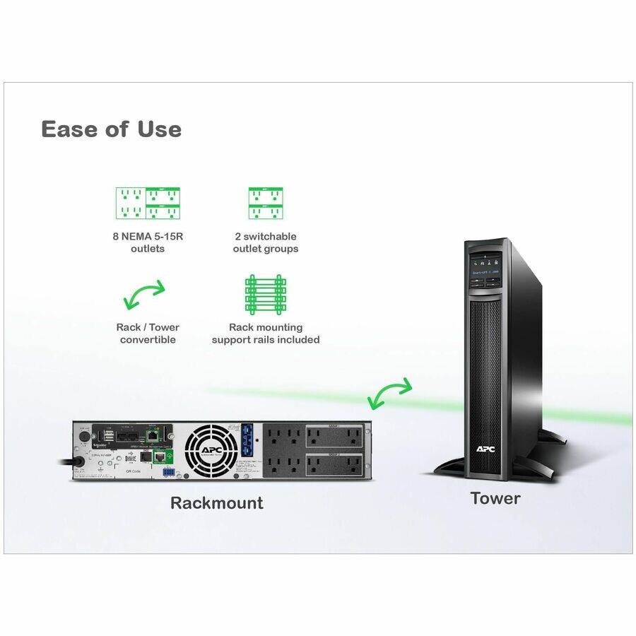 Ease of Use

- 8 NEMA 5-15R outlets
- 2 switchable outlet groups
- Rack / Tower convertible
- Rack mounting support rails included

Rackmount

Tower