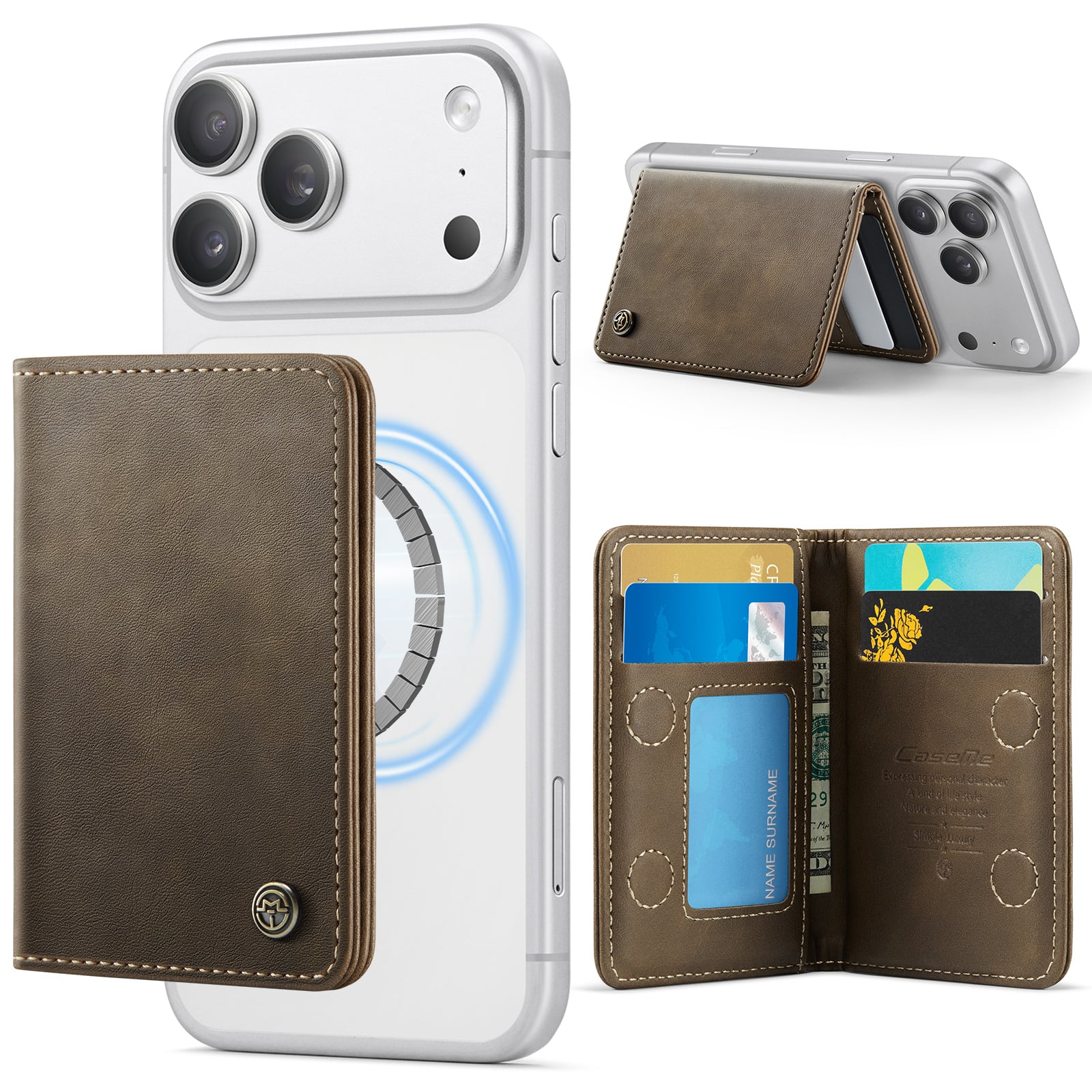 Dteck - Detachable Magnetic Wallet for Apple iPhone, RFID Blocking PU Leather Card Holder with Kickstand, Holds 4 Cards + Cash - Coffee