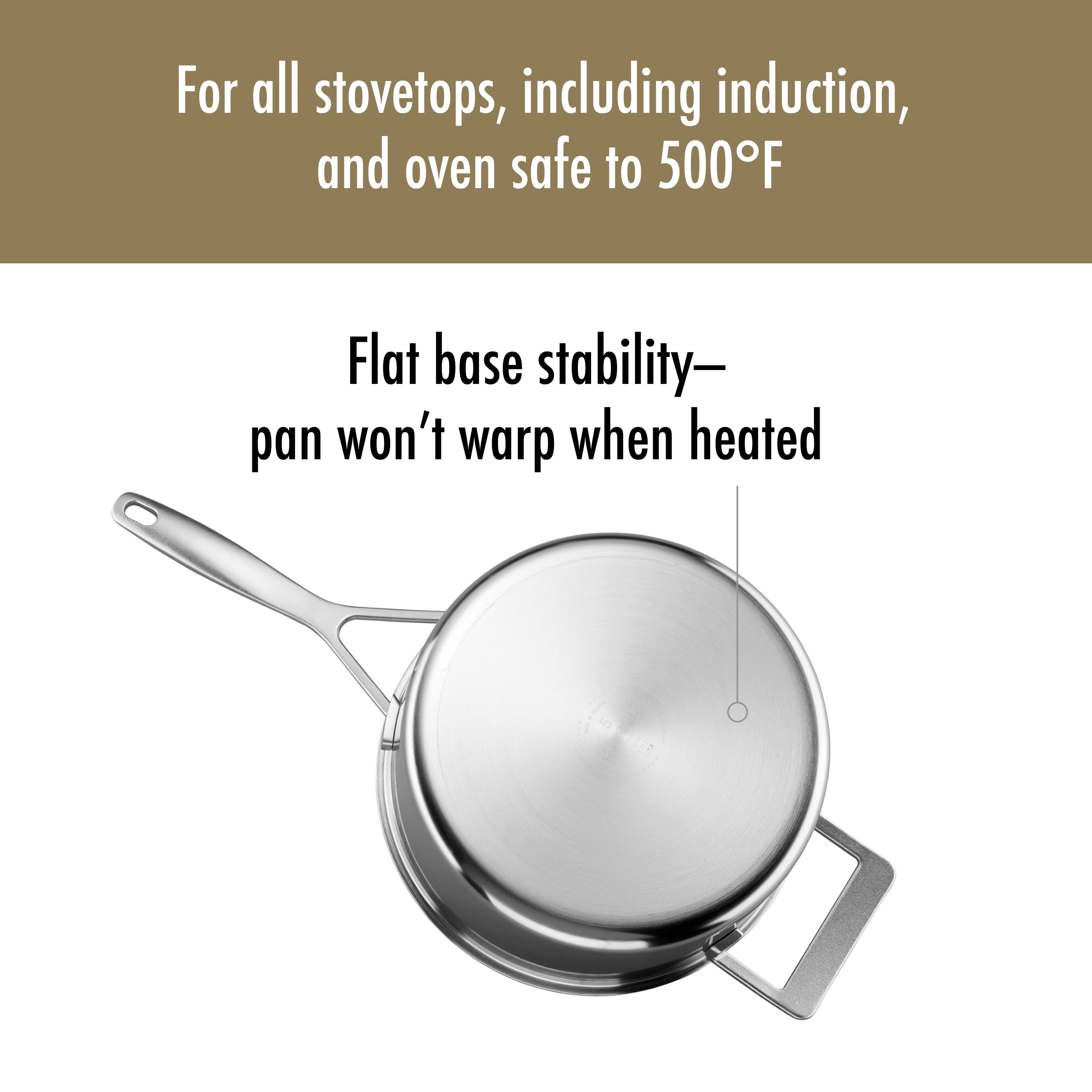For all stovetops, including induction, and oven safe to 500°F

Flat base stability—pan won't warp when heated