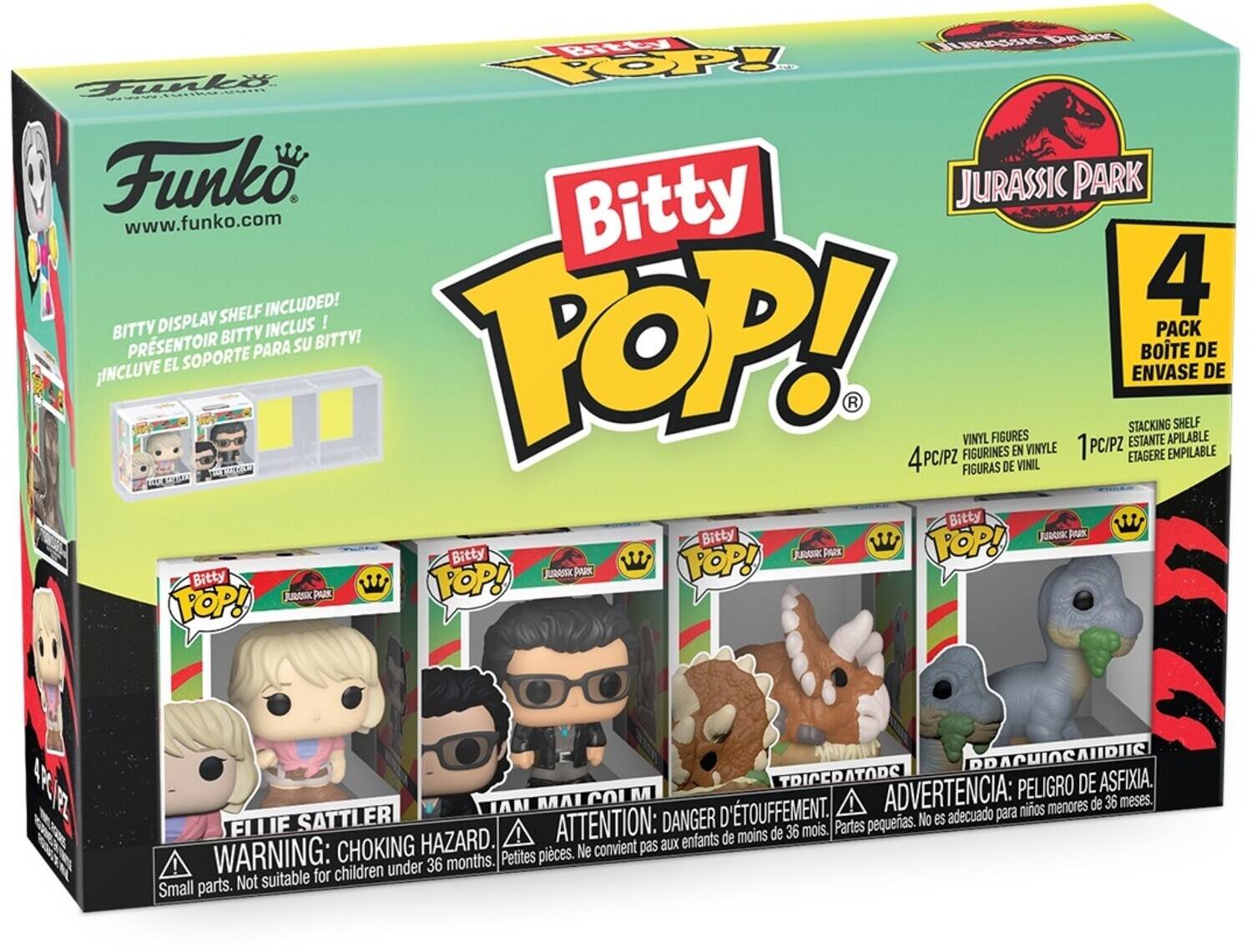 Funko  
www.funko.com  

Bitty POP!  
Jurassic Park  

BITTY DISPLAY SHELF INCLUDED!  
BITTY DISPLAY SHELF INCLUS !  
INCLUE EL SOPORTE PARA SU BITTY!  

4 VINYL FIGURES  
4 FIGURINES EN VINYLE  
4 FIGURAS DE VINIL  

ELLE SATTILER  
IAN MALCOLM  
TRICERATOPS  
DILPHOSAURUS  

WARNING: CHOKING HAZARD.  
Small parts. Not suitable for children under 36 months.  
ADVERTENCIA: PELIGRO DE ASFIXIA.  
Partes pequeñas. No es adecuado para niños menores de 36 meses.  
ATTENTION: DANGER D'ÉTOUFFEMENT.  
Petites pièces. Ne convient pas aux enfants de moins de 36 mois.