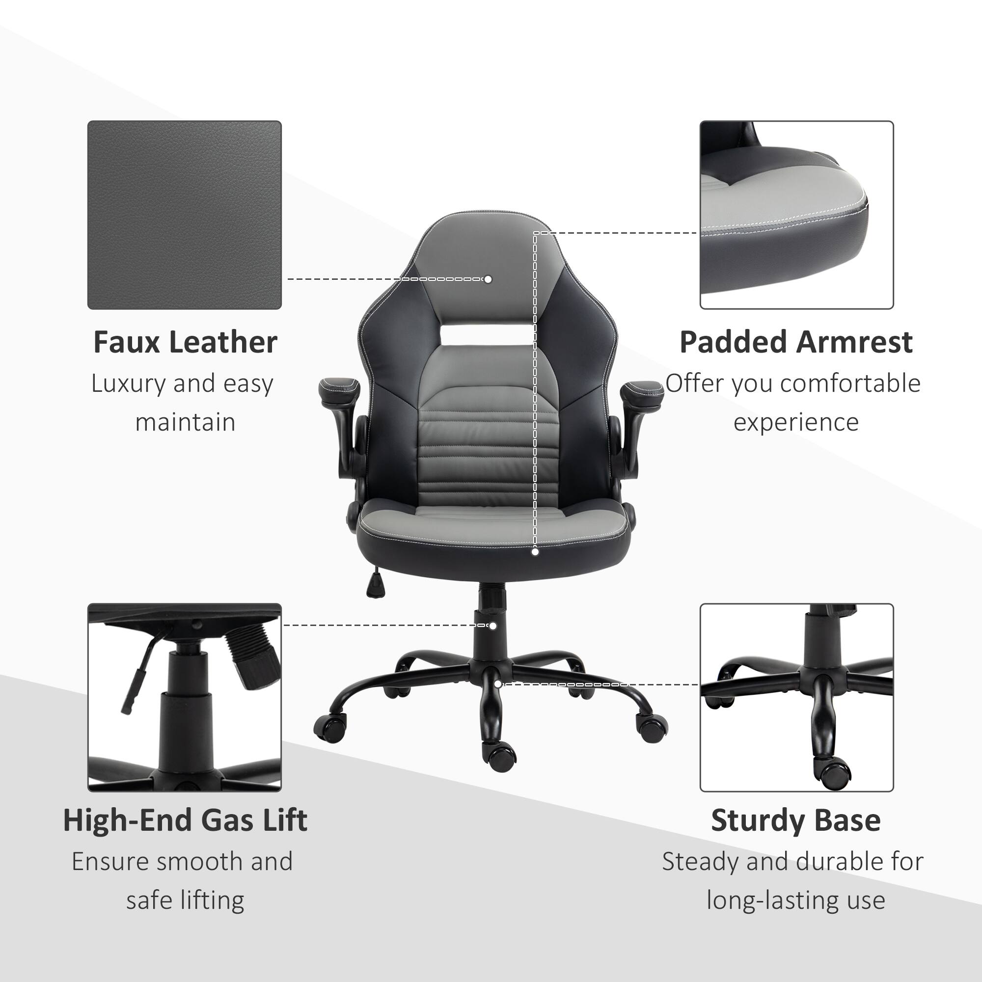 Faux Leather - Luxury and easy maintain
Padded Armrest - Offer you comfortable experience
High-End Gas Lift - Ensure smooth and safe lifting
Sturdy Base - Steady and durable for long-lasting use