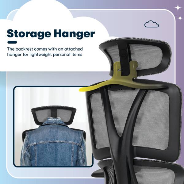 Storage Hanger  
The backrest comes with an attached hanger for lightweight personal items