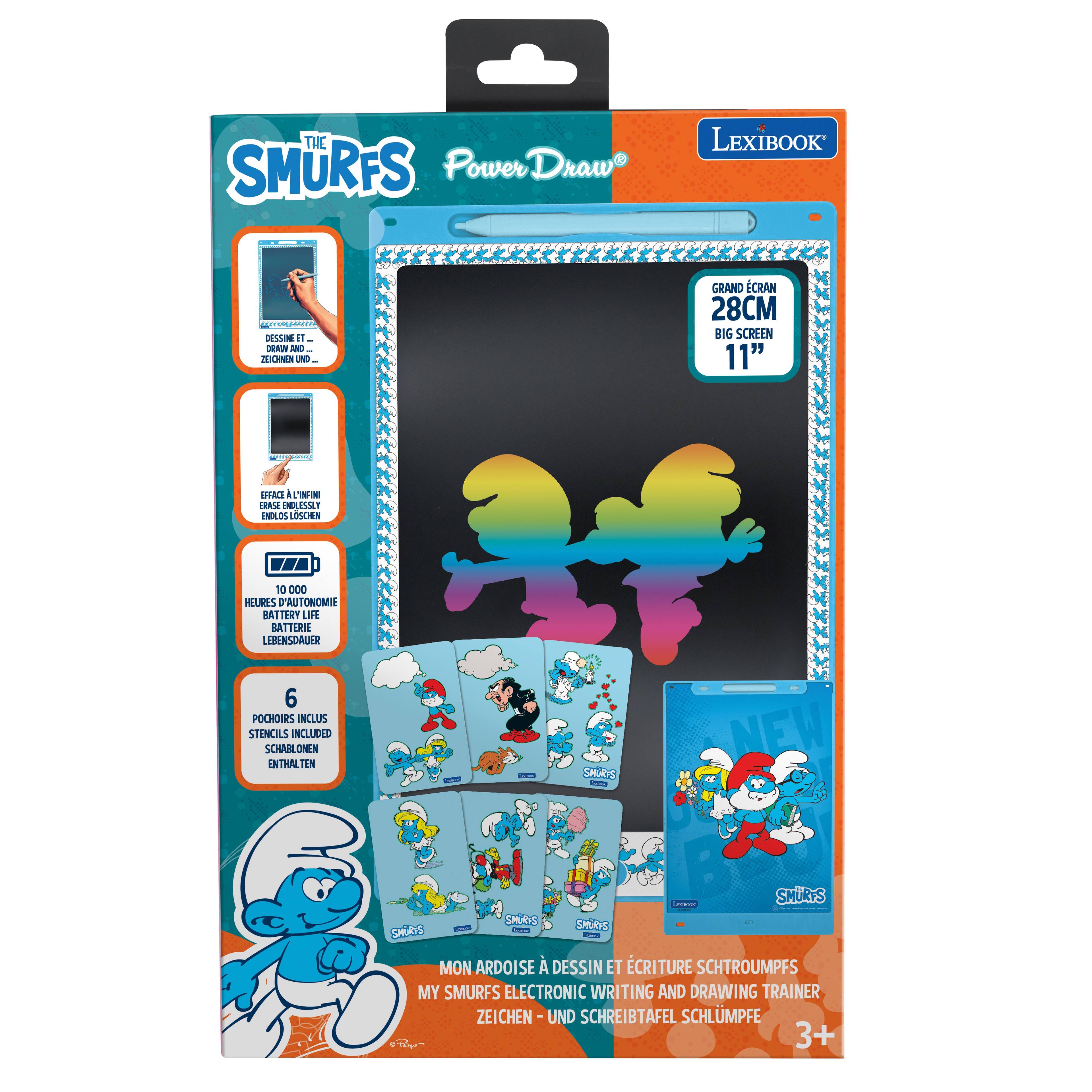 THE SMURFS Power Draw  
LEXIBOOK  
DESSINE DRAWN AND ZEICHNEN UND  
GRAND CRAN 28CM BIG SCREEN 11"  

EFFACE I TIFINI ERASE ENDL ESSLY ENDLOS LSCHEN  
10 000 HEURES D'AUTONOMIE BATTERY LIFE BATTERIE LEBENSDAUER 6 POCHOIRS INCLUS STENCILS INCLUDED SCHABLONEN ENTHALTEN  

SMORTS  
NEW  
Leboor SMRFS SMORTS SMURFS SMURYS - MON ARDOISE DESSIN ET CRITURE SCHTROUMPFS MY SMURFS ELECTRONIC WRITING AND DRAWING TRAINER ZEICHEN-UND SCHREIBTAFEL SCHLMPFE 0tligs" 3+