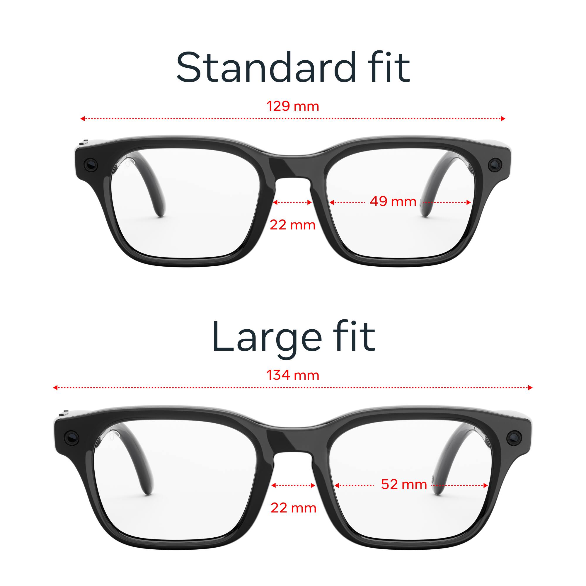 Standard fit: 129 mm, 49 mm, 22 mm  
Large fit: 134 mm, 52 mm, 22 mm
