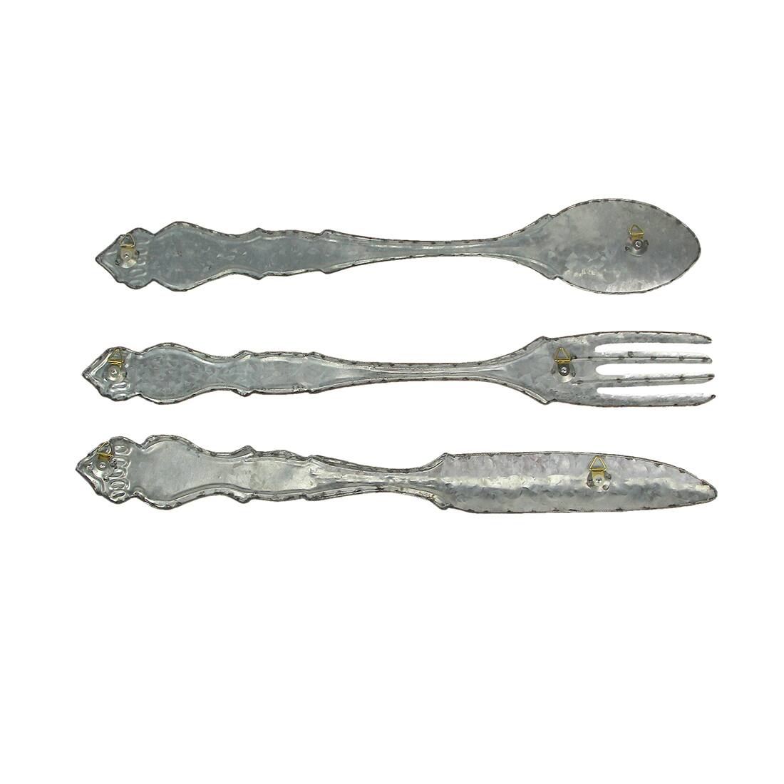 Alt View 6. Zeckos - Giant Galvanized Metal Fork Spoon Knife Farmhouse Decor Kitchen Wall Hanging Set - Gray.