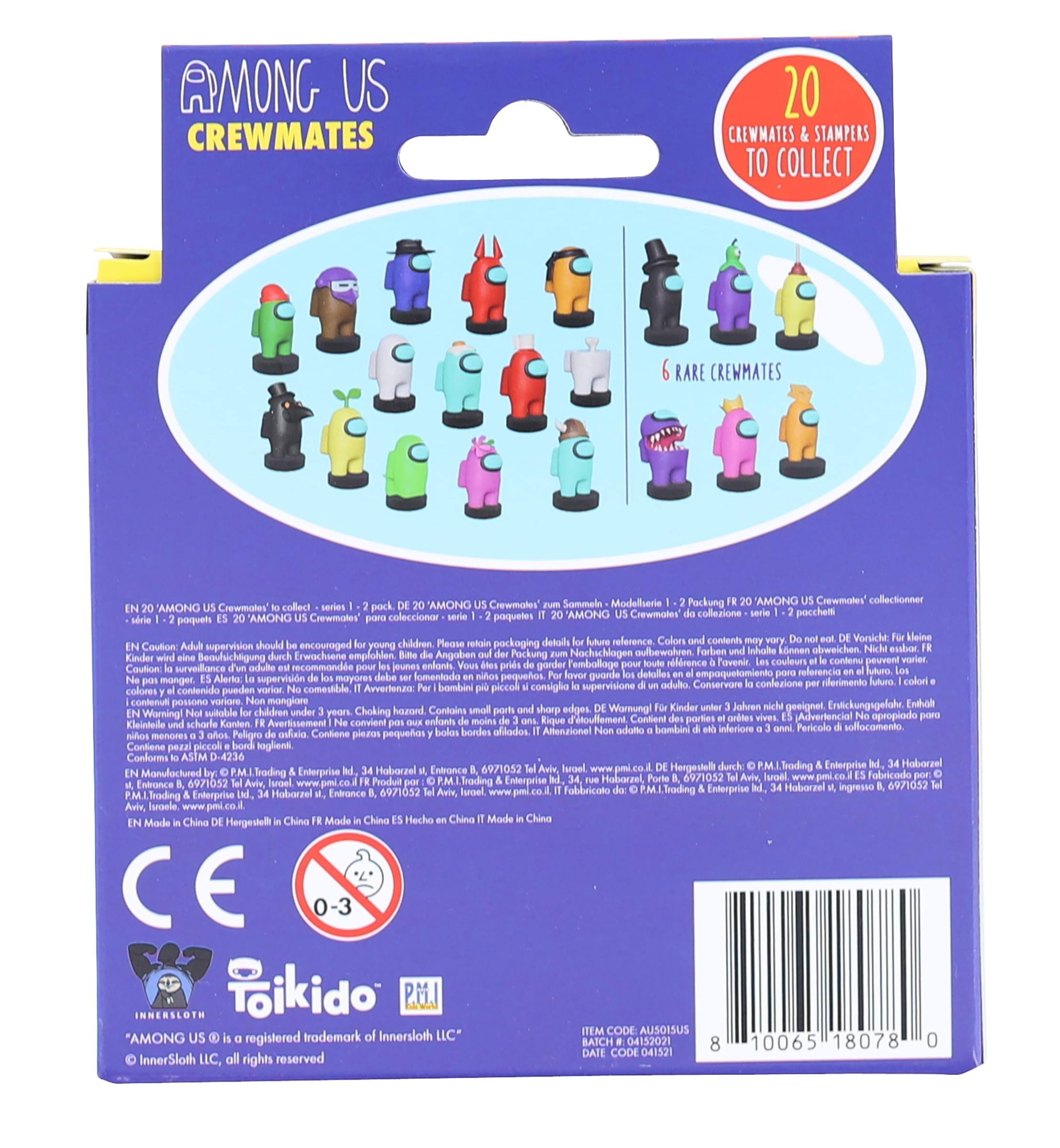 AMONG US CREWMATES  
20 CREWMATES & STAMPERS TO COLLECT  
6 RARE CREWMATES  

Sammele Modellierpackung AMONG Crewmates' collectionner 'AMONG Crewmates collect AMONO Crewmates AMONG Crewmates coleccionar poquetes 'AMONG Crewmates collezione pacchetti  

Colors contents Vorsicht kleine Teile supervision showld encouraged young children Please pockaging eubor Nachachlagen subewalren Farben Inholte Ldenen bweichen Beouhsichligung Erwachsene emplohien Angoben Pockung endonts gonder Fembaliage rlirence Favenir couleurs contenu peyvent Couton surveiliance Mube recommonde jounes lutura fomentado pequeos.  

guarda detolles otneimotoupoqma referencia monger Alerto supervision mayores nerimento colori Avvertenza bombini piccol consiglia supervisione adulto Conservare confezione colores contenido pueden comestible conddenul posson varioare mangiare  

Ersickungsgelahe Enthah Choking haspard Contains sharp edges Warmung! Kinder Jahren gee