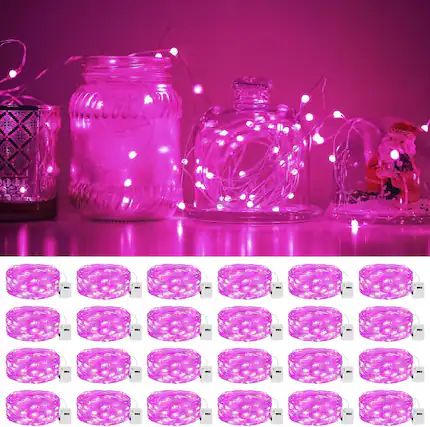 Front. Veranti - 7 ft 20 LED Battery Fairy String Lights for Halloween Party Decor and Christmas Crafts, 3 Modes - Pink.