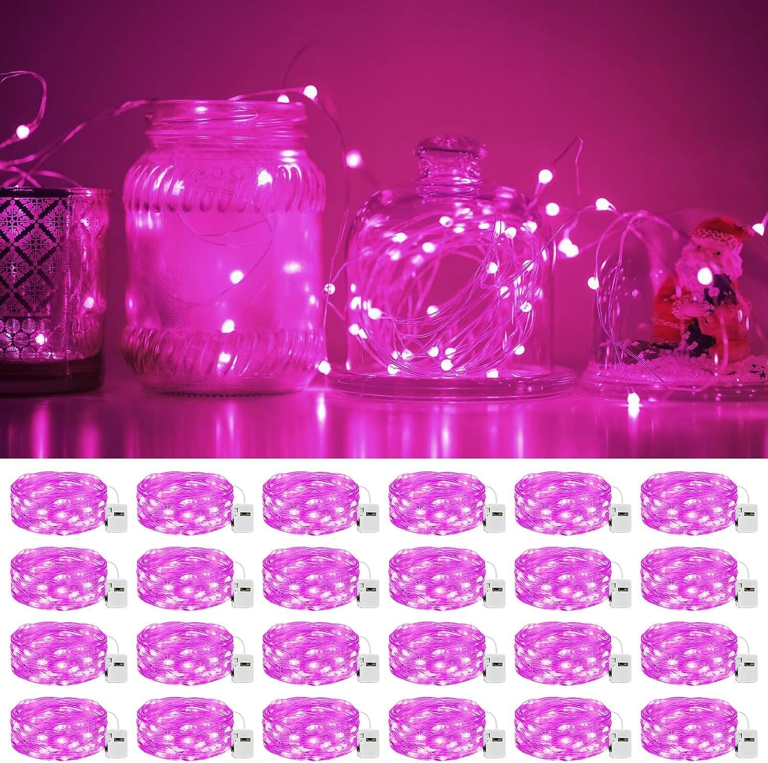 Front. Veranti - 7 ft 20 LED Battery Fairy String Lights for Halloween Party Decor and Christmas Crafts, 3 Modes - Pink.
