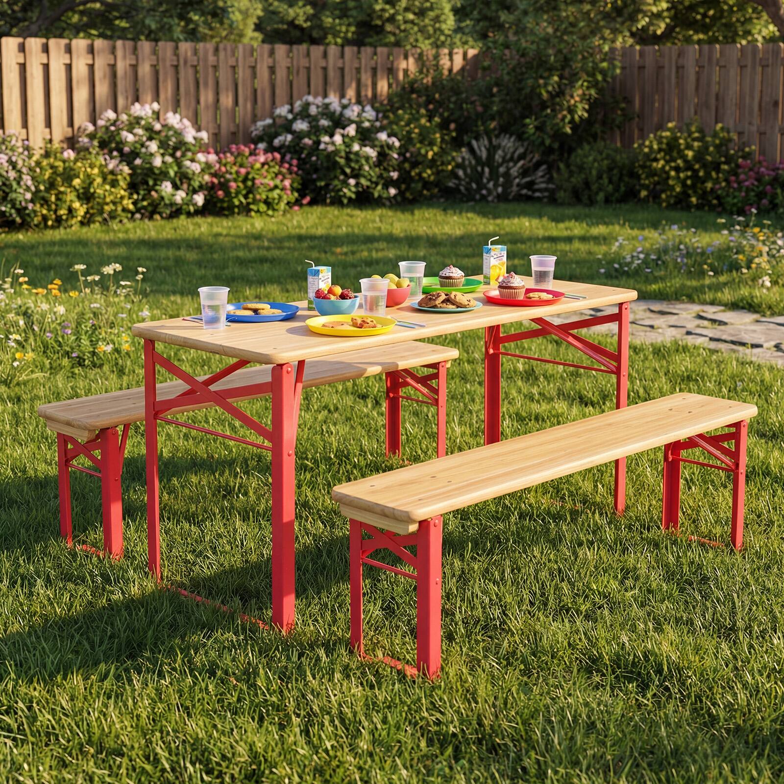 Alt View 1. Costway - Costway 43.5 Inch Folding Kids Picnic Table & Bench Set with 0.8" Thick Fir Wood Top - Red and Natural.