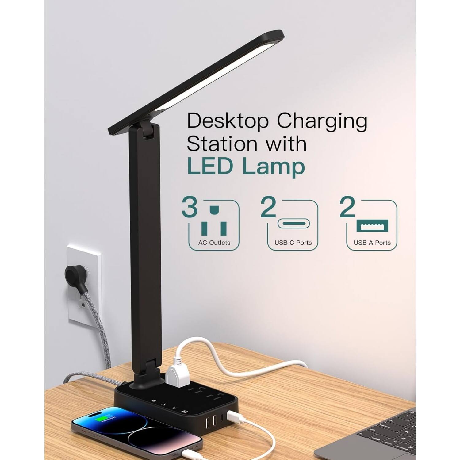 Desktop Charging Station with LED Lamp  
3 AC Outlets  
2 USB C Ports  
2 USB A Ports